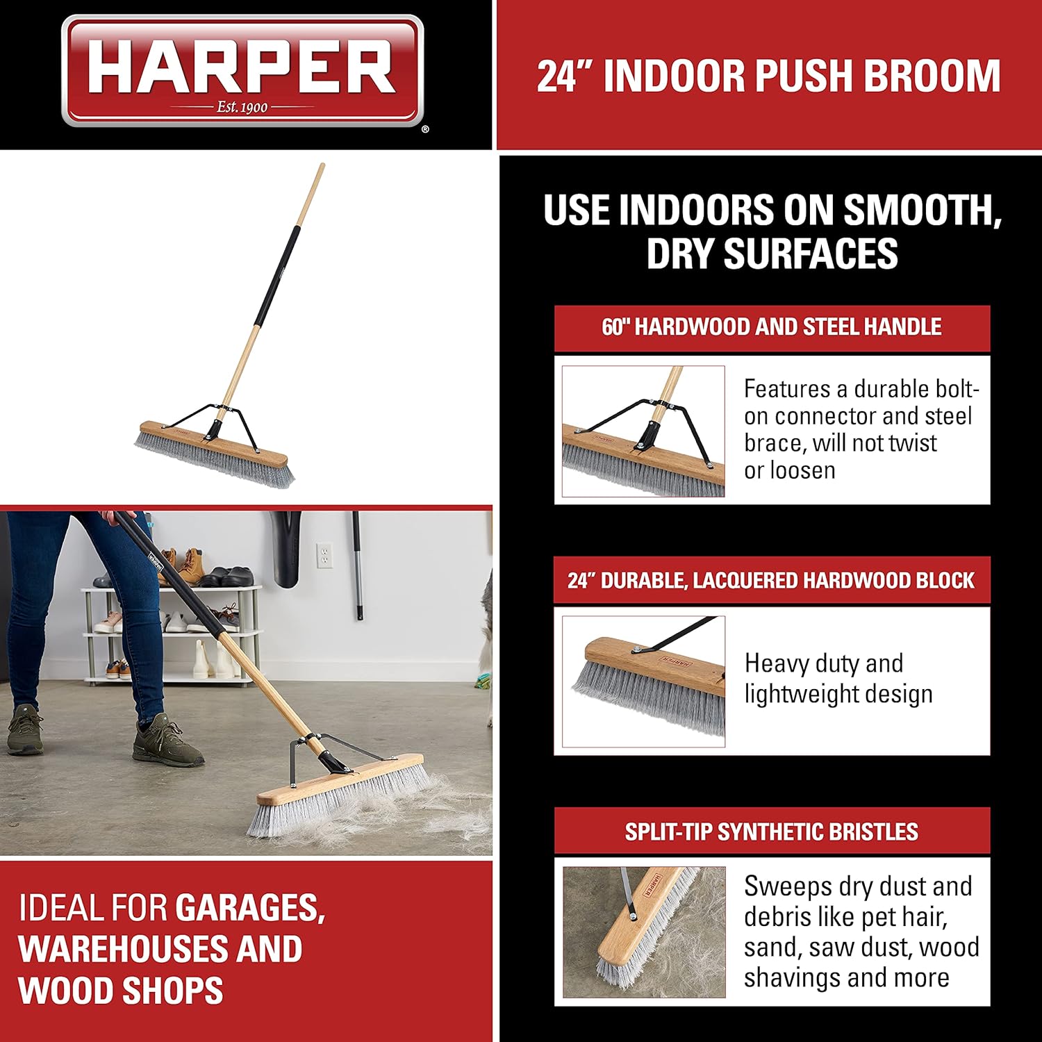 Harper 24 Inch Indoor Smooth-Surface Push Broom with Flagged Bristles for Sand, Saw Dust, Wood Shavings and Pet Hair in Garages, Warehouses, and Workshops