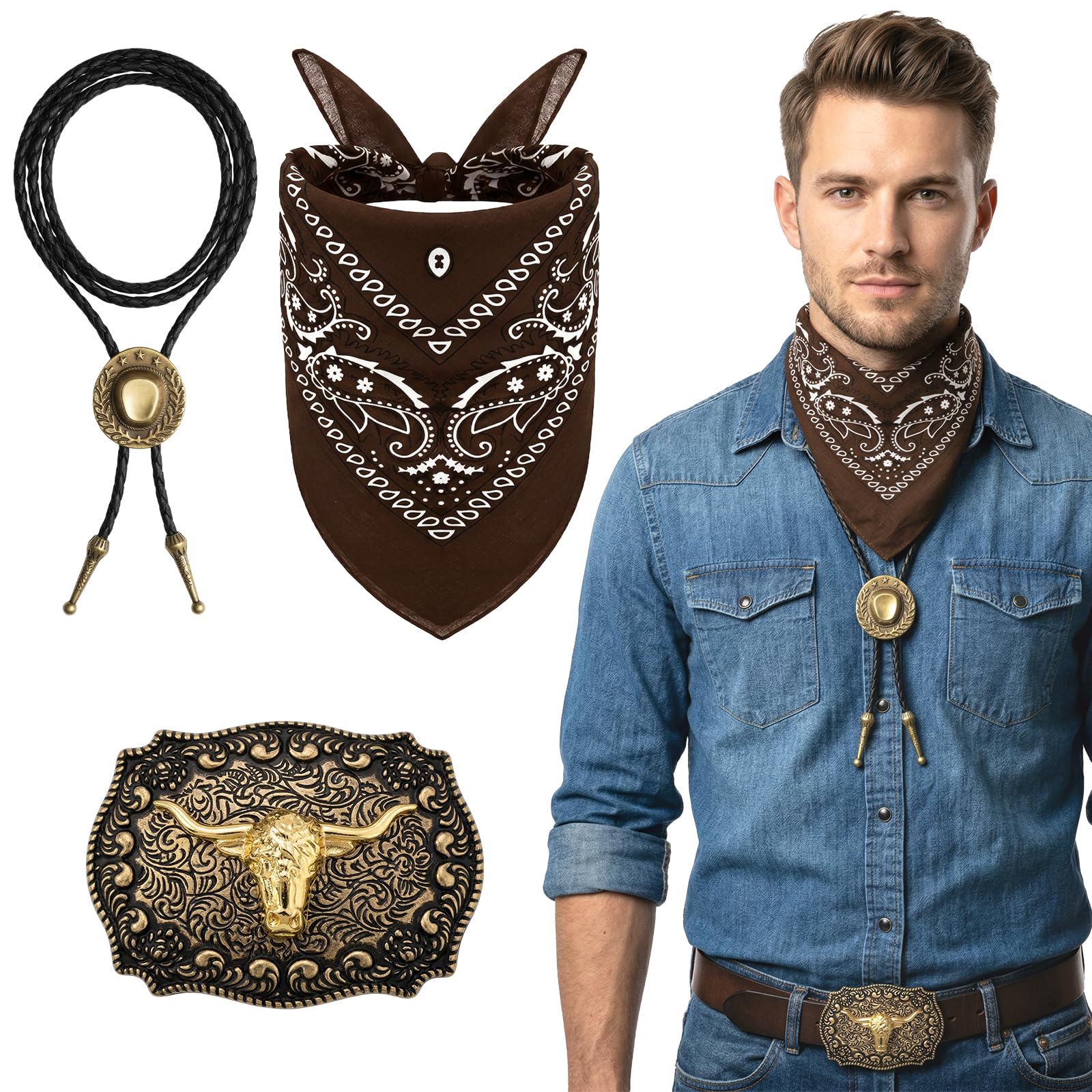 Lrrtdepy 3Pcs Western Cowboy Accessory, Include Bolo Tie Paisley Bandana Bull Head Belt Buckle Cowboy Fancy Dress Set for Country Music Festival Theme Party Halloween (Brown)