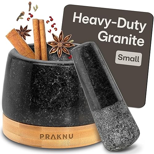 Juego de mortero y mortero pequeño, molinillo de piedra resistente de 1 taza para especias, hierbas y guacamole, granito duradero, base de madera