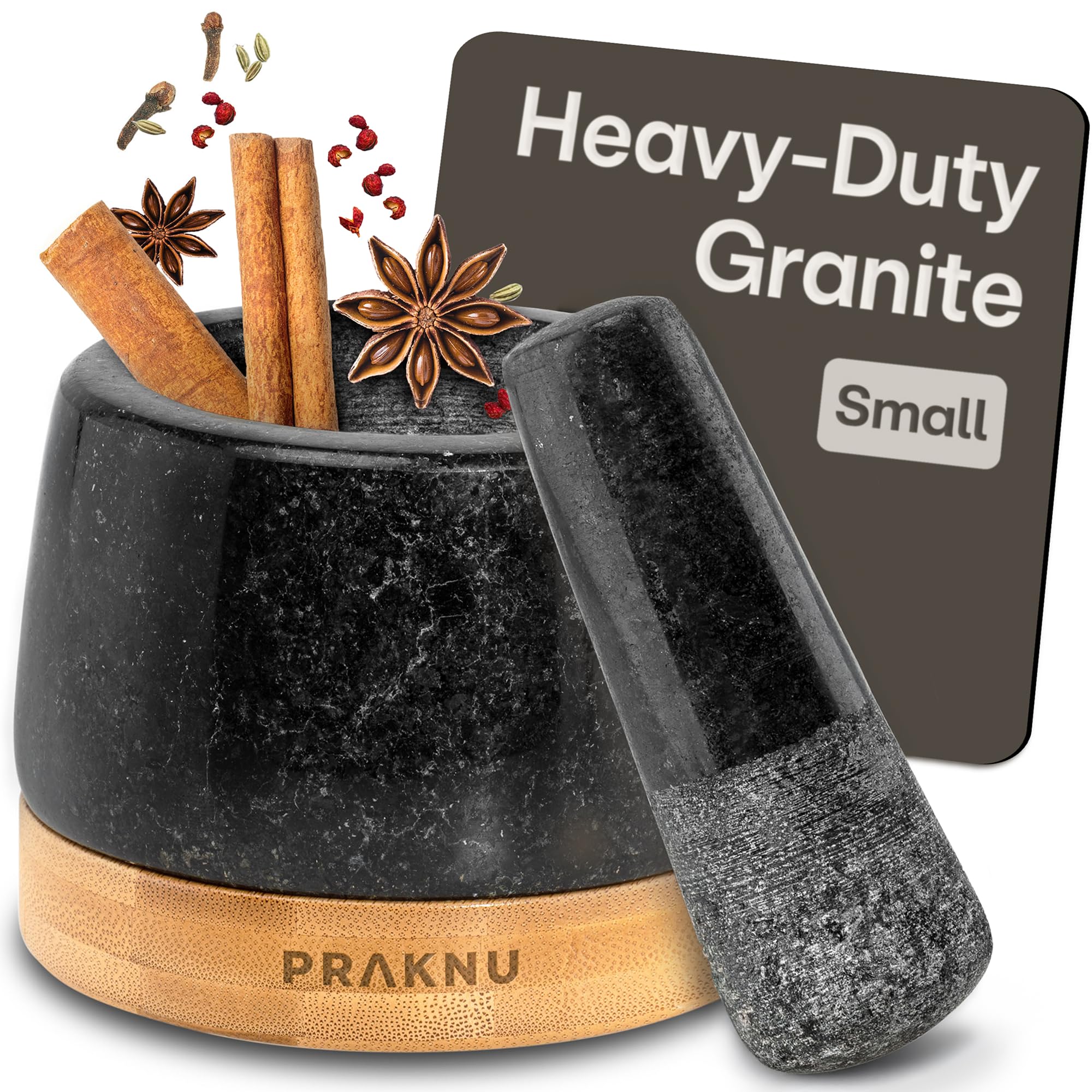 Praknu Mortar and Pestle Set Small - Heavy-Duty 1 Cup Stone Grinder for Spices, Herbs & Guacamole - Durable Granite - Non-Slip Wooden Base - Effortless Grinding & Easy to Clean
