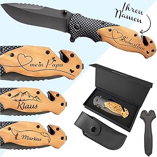KDO MAGIC - Personalisiertes Klappmesser mit gravur - Personalisierbares Sicherheitsmesser - Gravur Vornamen auf dem Holzgriff - Carbon-Effekt - Vatertag Geschenk (Motiv: Herz)