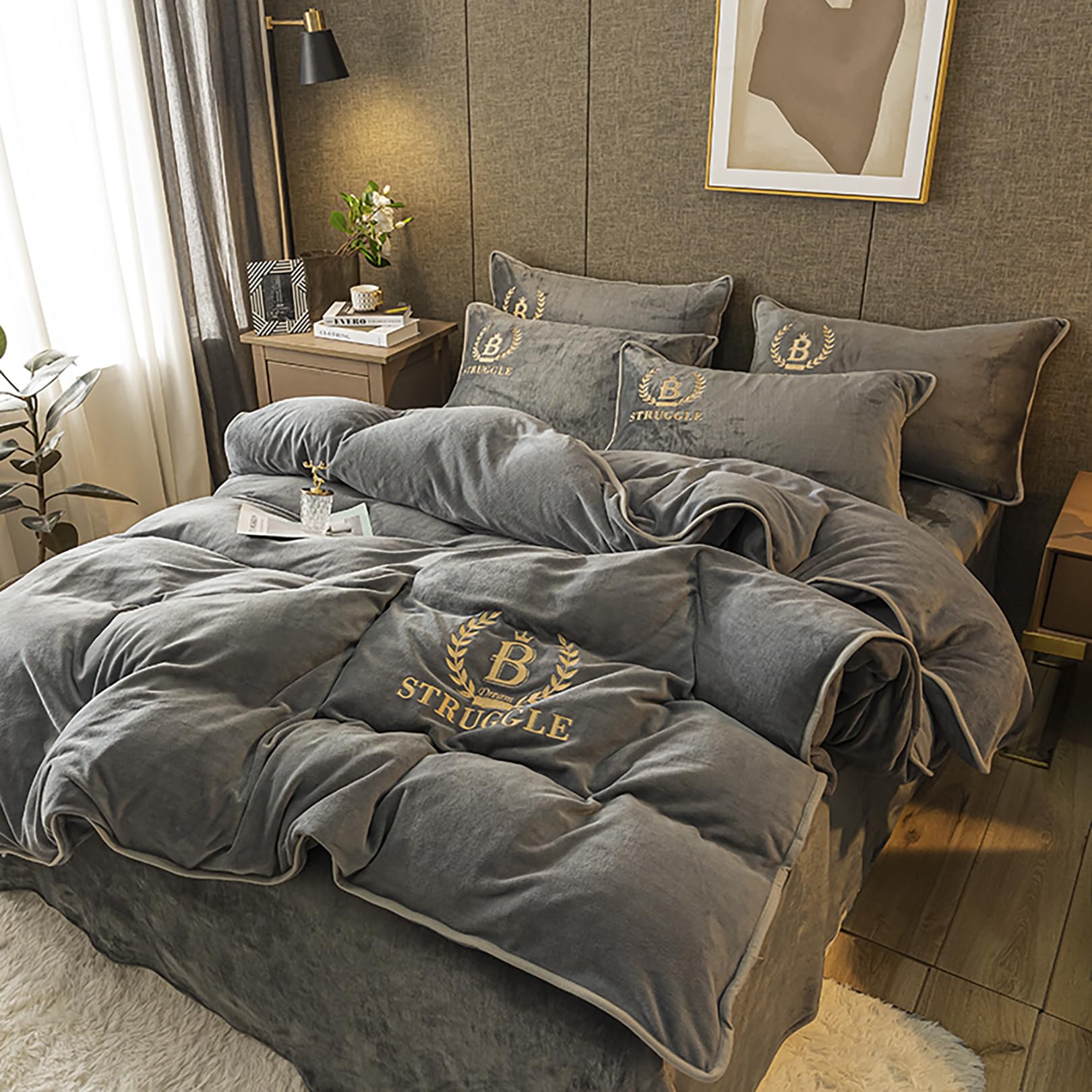 ALEjon "Acogedor Juego de Cama de Franela de Invierno - Tamaño Doble, Cierre de Cremallera, Tono Gris - Funda nórdica de 3 Piezas con 2 Fundas de Almohada - 220x240cm y 50x75cm