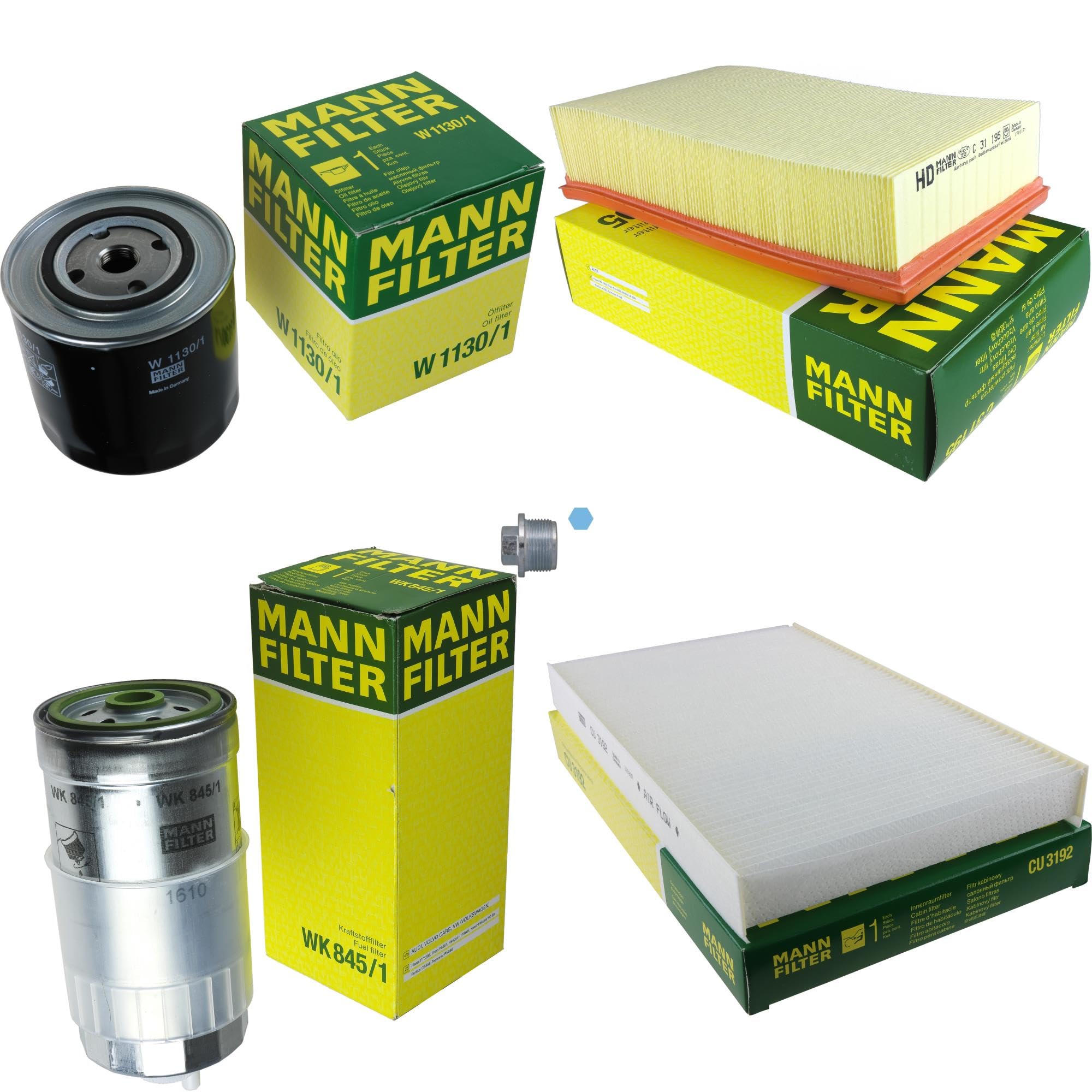 Paquete de inspección Kit de mantenimiento de filtros con filtro de aceite W 1130/1, filtro de aire C 31 195, filtro de combustible WK 845/1, filtro de habitáculo CU 3192, tornillo de cierre
