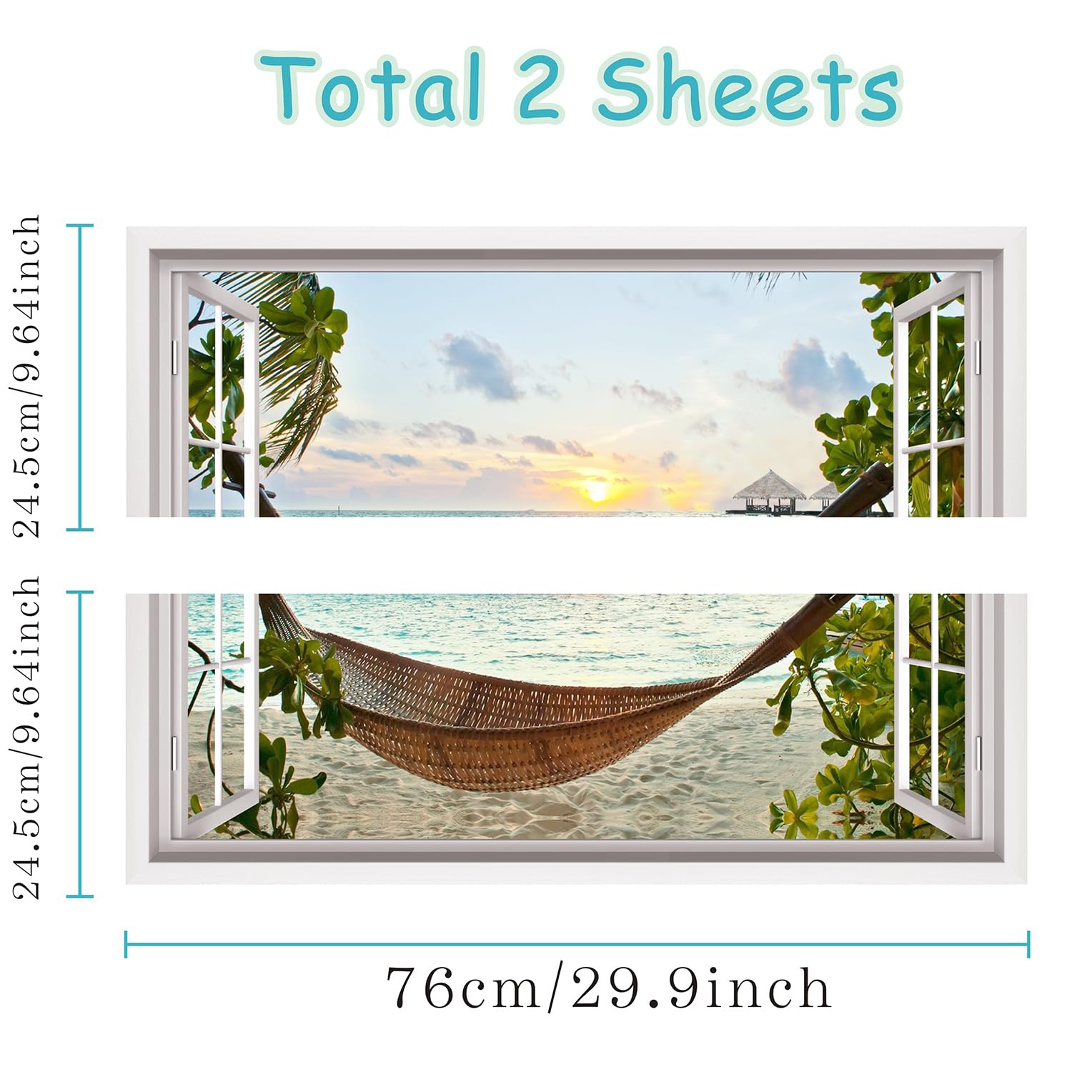 HPNIUB 3D Beach Wall Stickers,3D Sea View Wall Art for Living Room,Landscape Broken Wall Sticker,Beach Coconut Tree Wall Decal,Sea Scenery Wall Mural Sticker for Bedroom Bathroom Decor (Window2) - Image 2