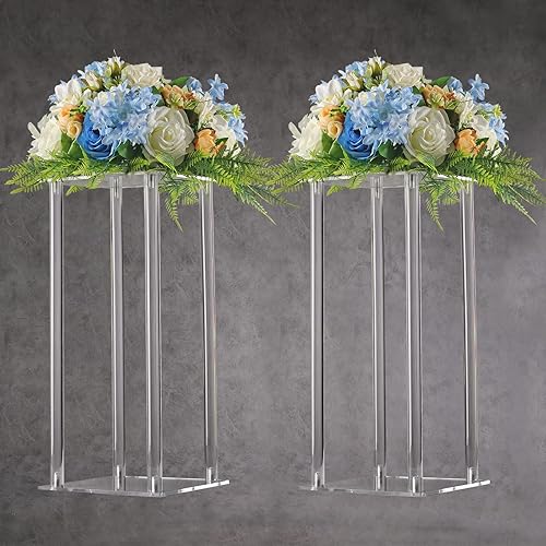 YALLOVE Soporte de flores acrílicas, juego de 2 pedestales transparentes, jarrones de 15.75 pulgadas de alto para bodas, eventos, fiestas,