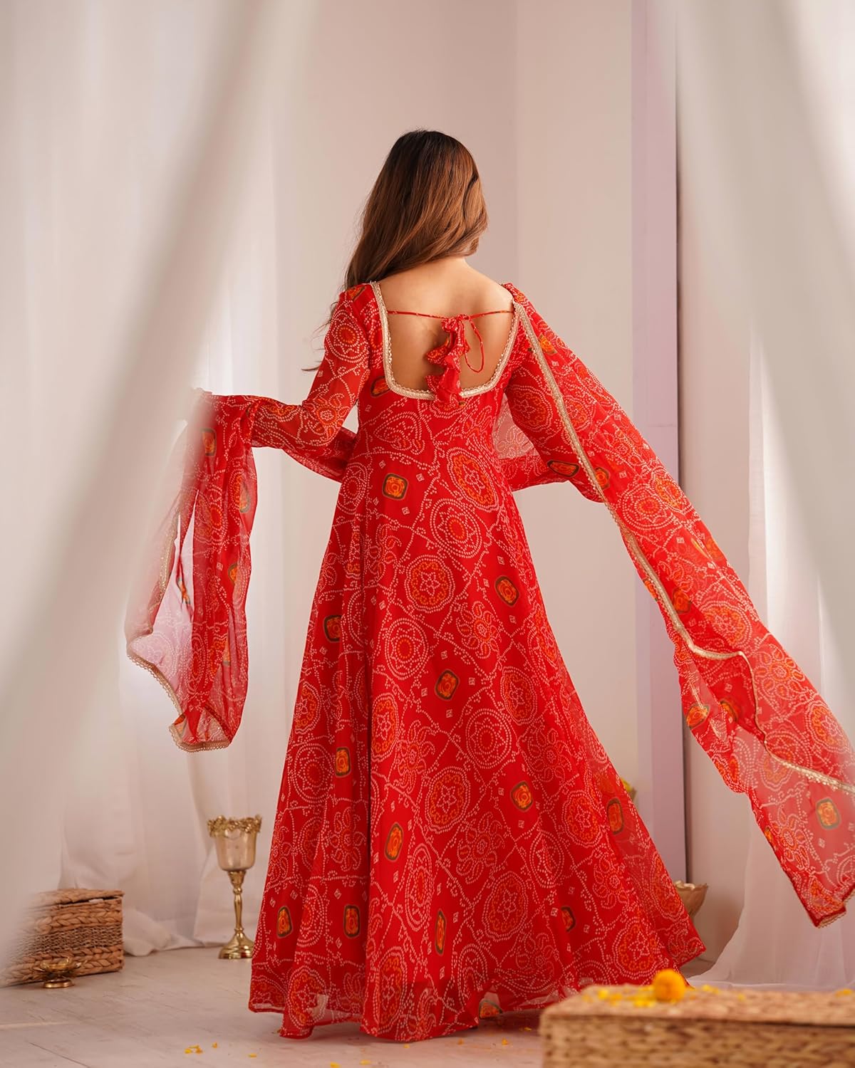 Shiv Collection Indian Style Pure Soft Chiffon Bandhej Fully Flair Gown Set for Women ready to wear