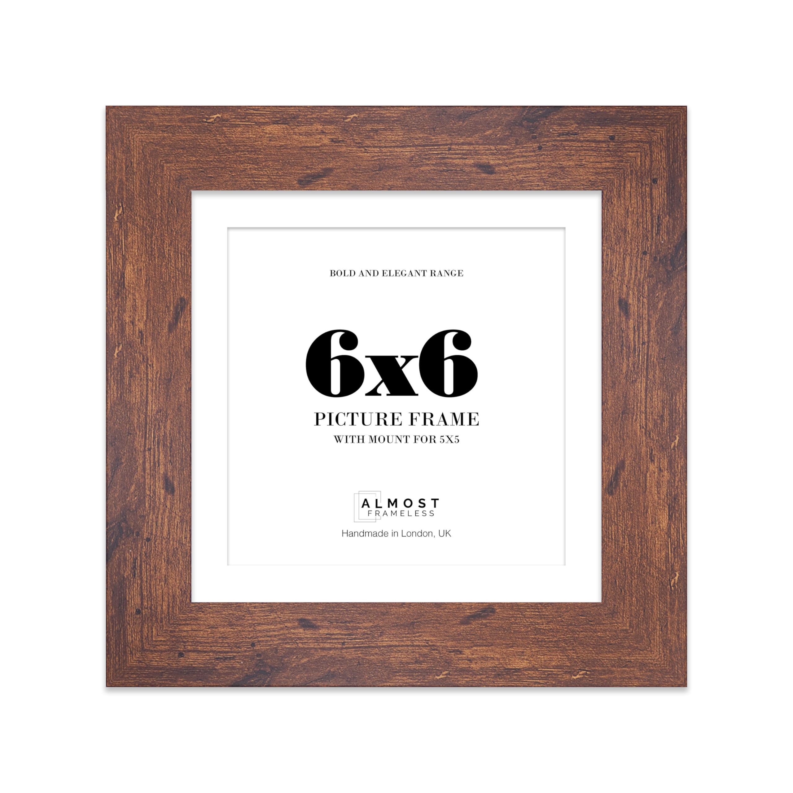 6x6 Rustic Wood Square Frame With Mount for 5x5 Pictures 28mm Edge Frame Display with Wall Hooks and Kickstand, 1 Pack