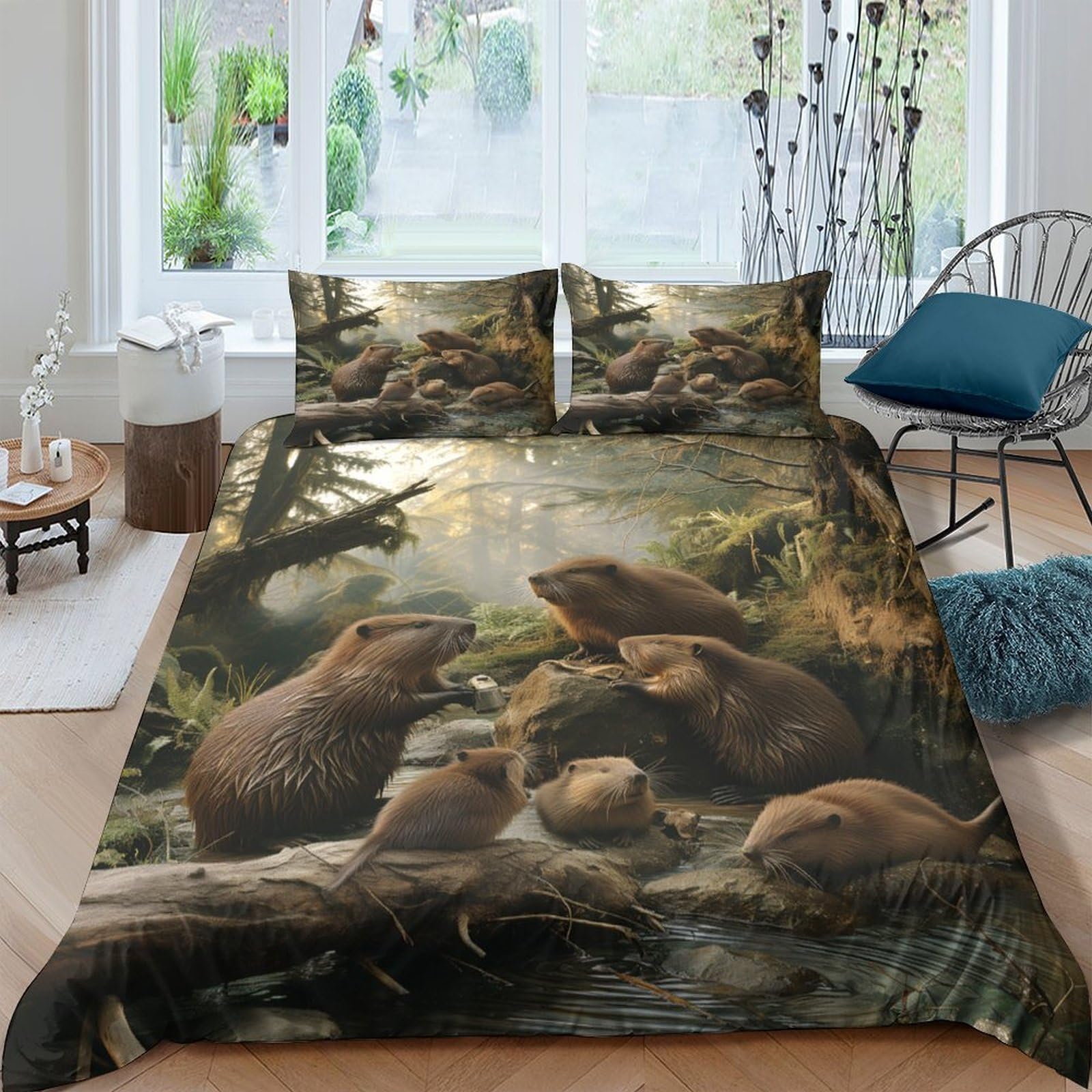 Ctjqhvkz Style-4 3D Printed Beaver Family Fitted Sheet Microfiber Soft Forest River Mattress Cover For Bedroom Dorm Home Décor Protector Single（135X200cm）