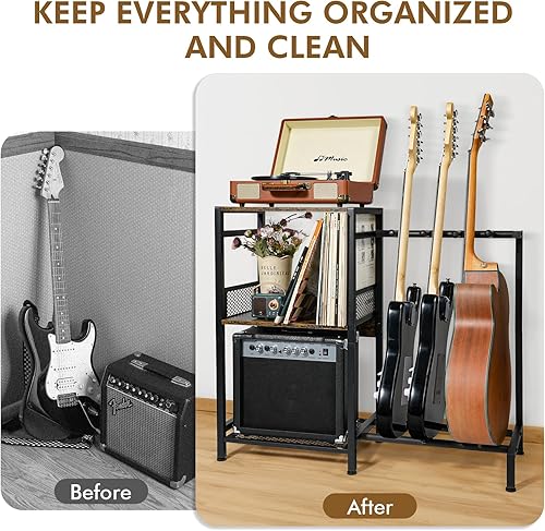 Miniatura 7 de ikkle Soporte de guitarra para 4 guitarras múltiples, soporte de guitarra ajustable con tomas de corriente para acústico, bajo, eléctrico, estante