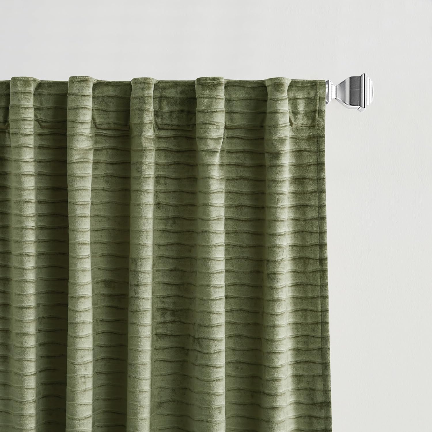 Martha Stewart Velvet Curtains Room Darkening Wave Embossed Rod Pocket/Back Tab Window Curtain Panel Pair, 95", Olive Green