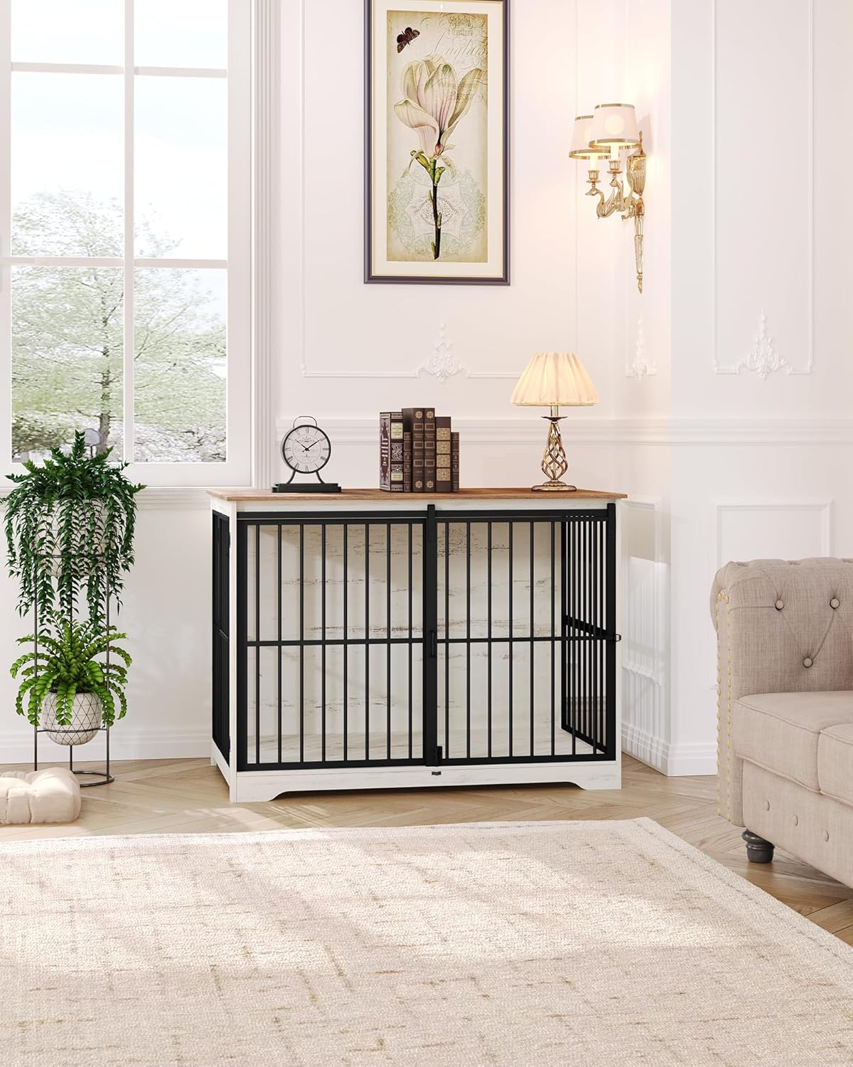 Hzuaneri XXL Large Dog Crate Furniture, 46.9" Indoor Dog Kennel Furniture with Barn Door, Wooden Tall Dog Crate, Heavy Duty Dog Cage for Large Dogs, Side End Table, Anti-Chew, White Brown DFC83814B