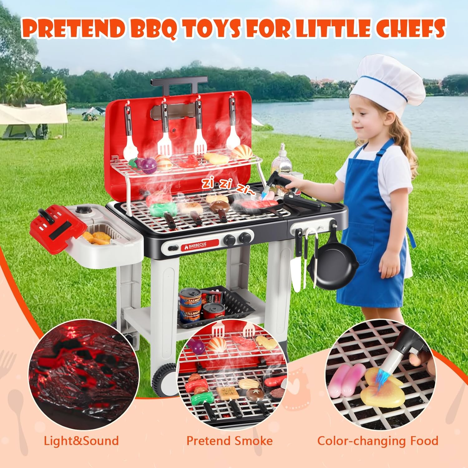 Kids Play Kitchen Toys, Kids BBQ Grill Playset with Smoke, Sound and Light, 2-Layer Toy Grill Cart, Outdoor Play Kitchen Toys, Toddler Cooking Set for 1-3 3-5, Gift for Boys Girls Aged 3 4 5