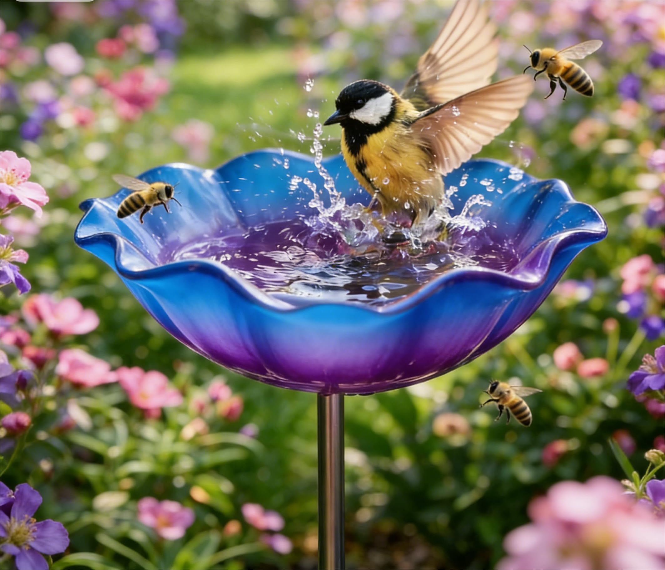 Handmade Metal Flower Garden Stake, Weather Resistant Feeding Bowl with Metal Stake, Decorative Outdoor Yard Art, Red Birdbath Bowl for Yard Lawn Patio Landscape Decor (Purple)