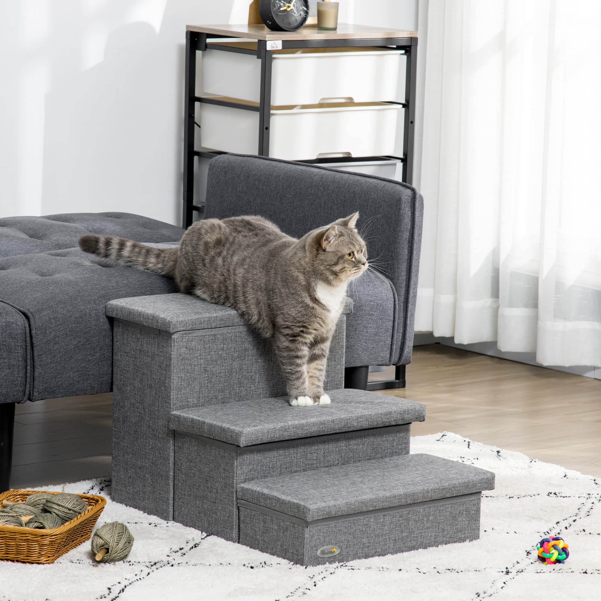 PawHut Escalera para Mascotas para Perros Gatos 63,5x42,5x40,5 cm Gris | 3 Peldaños, Escalones, con Tapas Abribles, Espacio de Almacenamiento