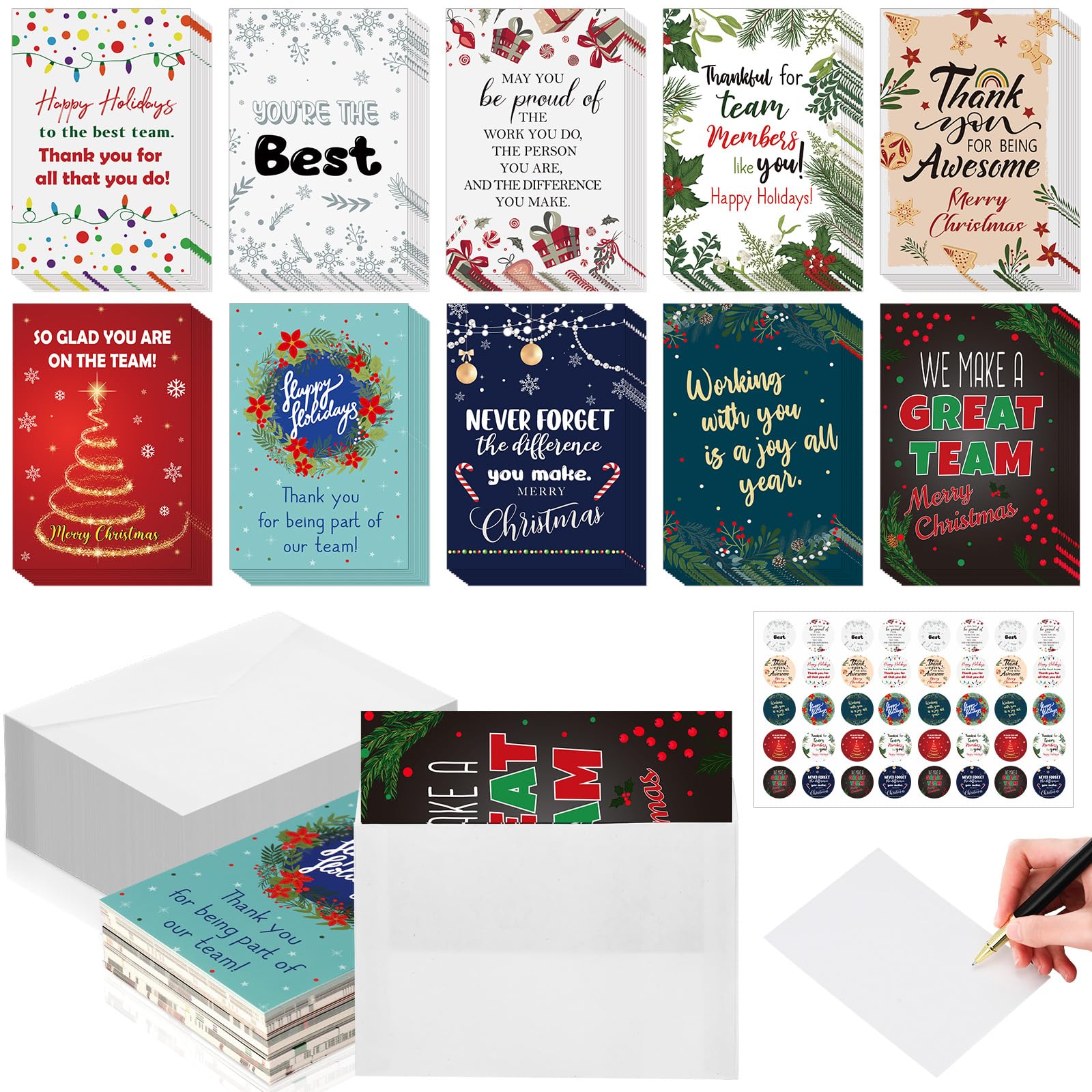 Dunzoom Lot de 100 cartes de remerciement de Noël pour employés avec enveloppes et autocollants 10,2 x 15,2 cm - Cartes de vœux de remerciement pour enseignant, université, affirmation