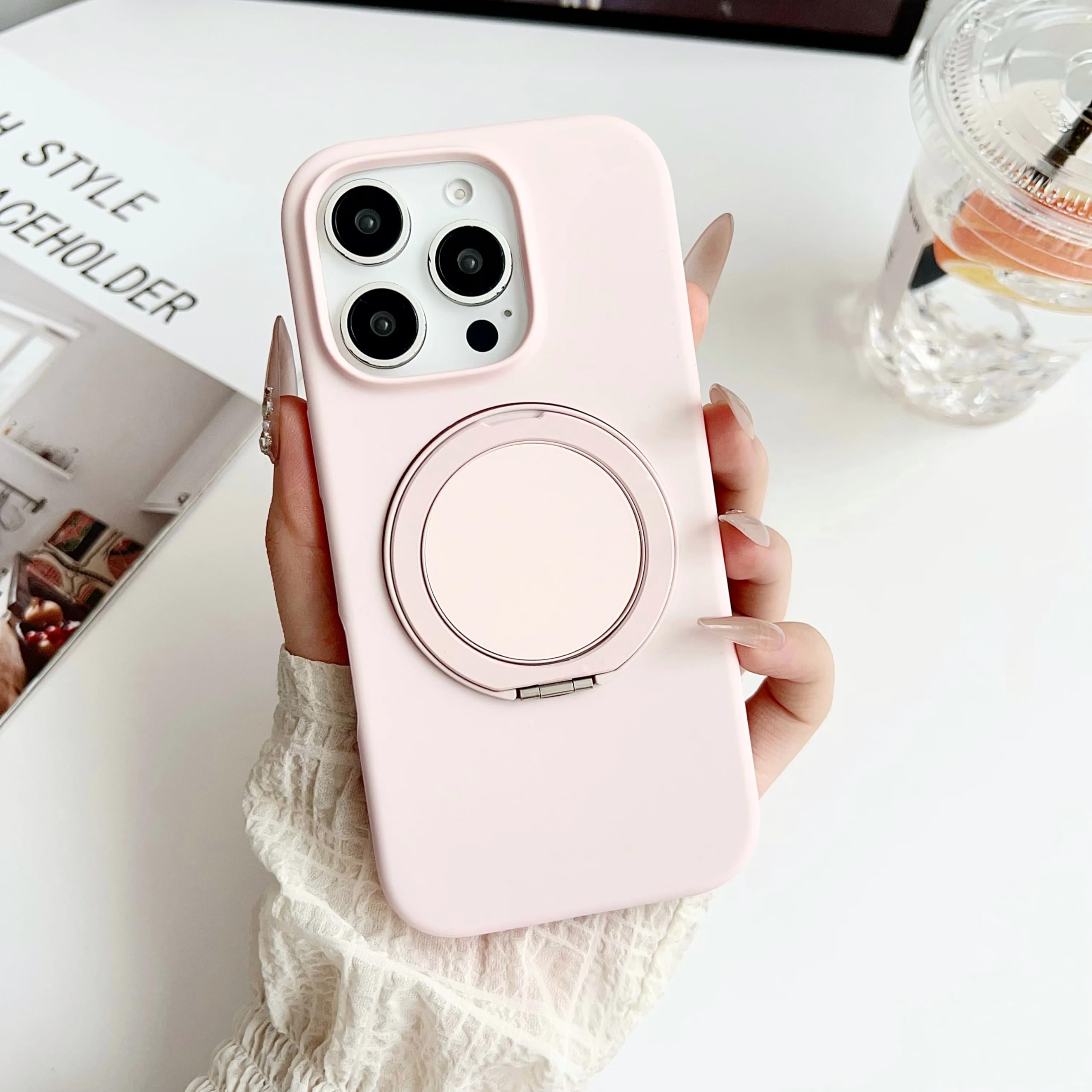 Coque iPhone 15 Pro rose en silicone avec support anneau magnétique - 8