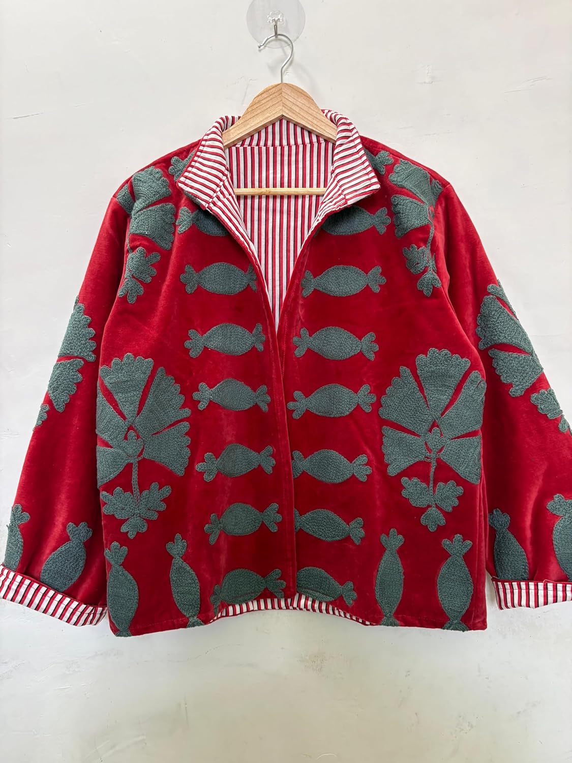 Embroidered Velvet Jacket with Floral Design, Open Front Short Coat with Striped Cotton Lining, Long Sleeve, One Size