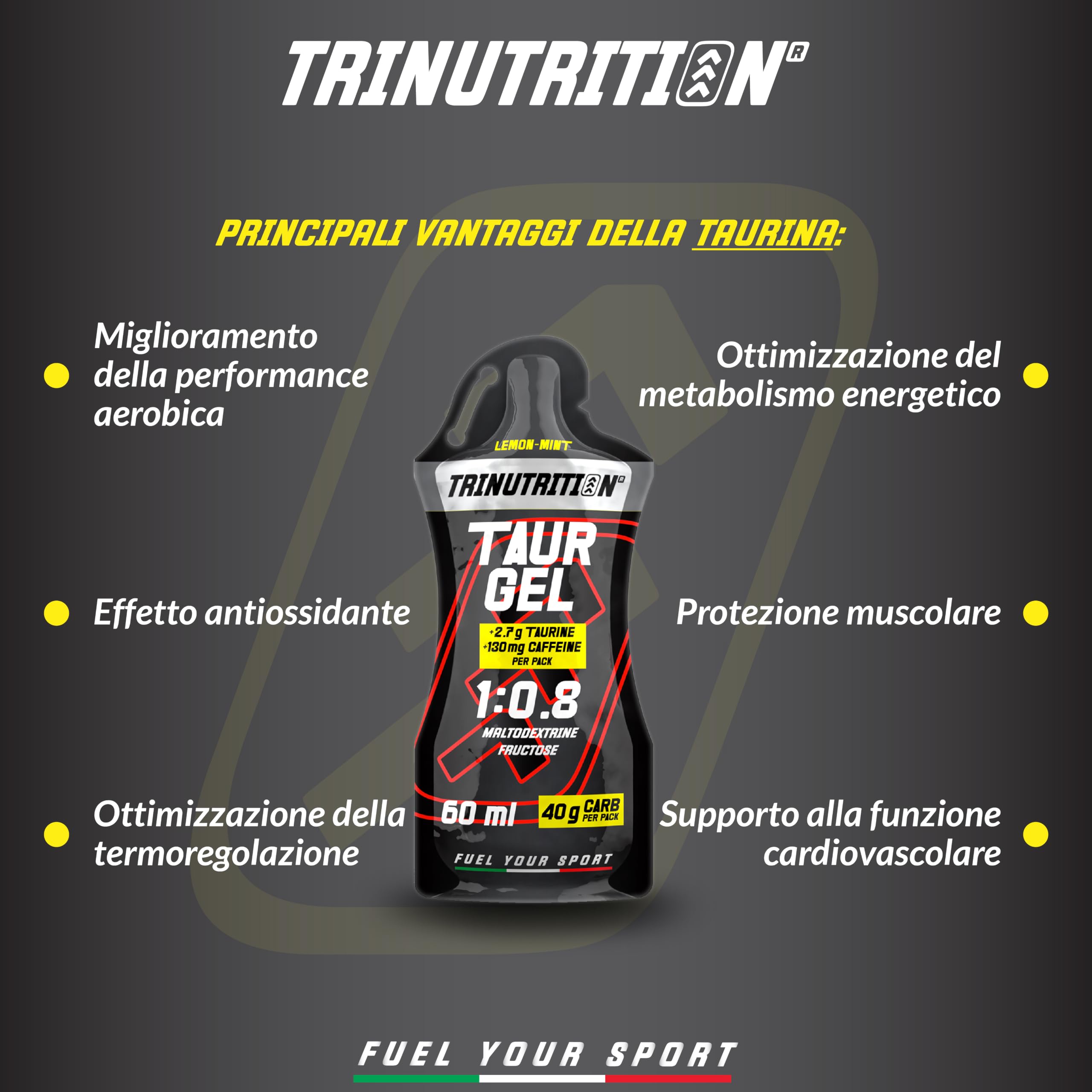 TAUR GEL, Gel Energetico con Taurina e Caffeina, 10 x 60ml, 40g di Carboidrati, Rapporto 1:0,8 Maltodestrine e Fruttosio, Gusto Limone e Menta, Gel per Ciclismo Corsa, Senza Glutine