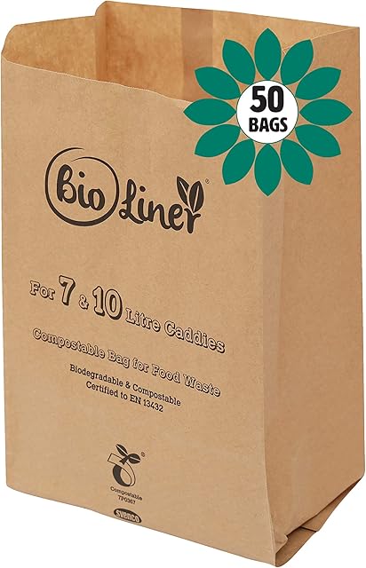 7L & 10L - 50 x Paper - Compostable Brown Caddy Food Waste Bin Liners/Bin Bags