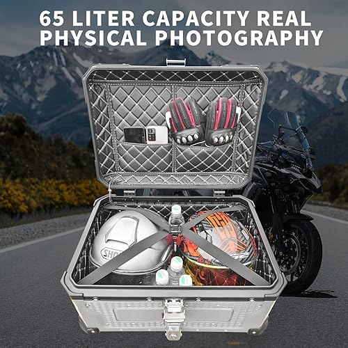 Miniatura 7 de WoshiDer Funda superior para motocicleta, caja superior plateada de 65 L, caja de almacenamiento de aluminio para puerta trasera de motocicleta,