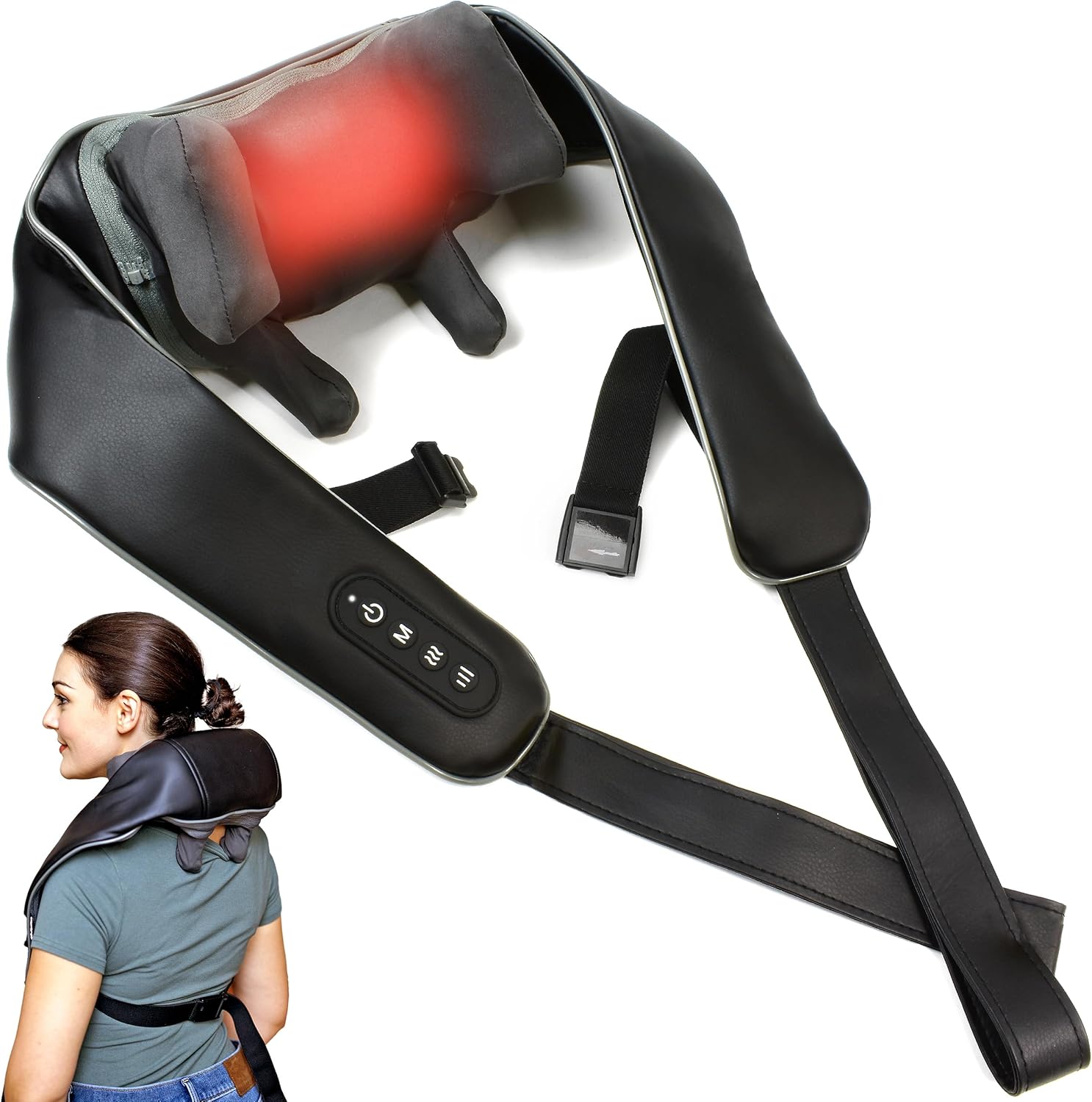 Zyllion Cordless Neck and Shoulder Massager with Heat - 4D Rechargeable Electric Shiatsu Kneading Deep Tissue Massage for Back and Muscle Pain Relief, Black, ZMA-36