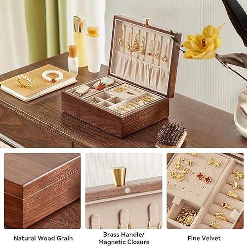 Miniatura 6 de CHOSIN Joyero de madera de nogal negro para mujer, organizador de joyas de 2 capas con bandeja extraíble para relojes, anillos, aretes, collares