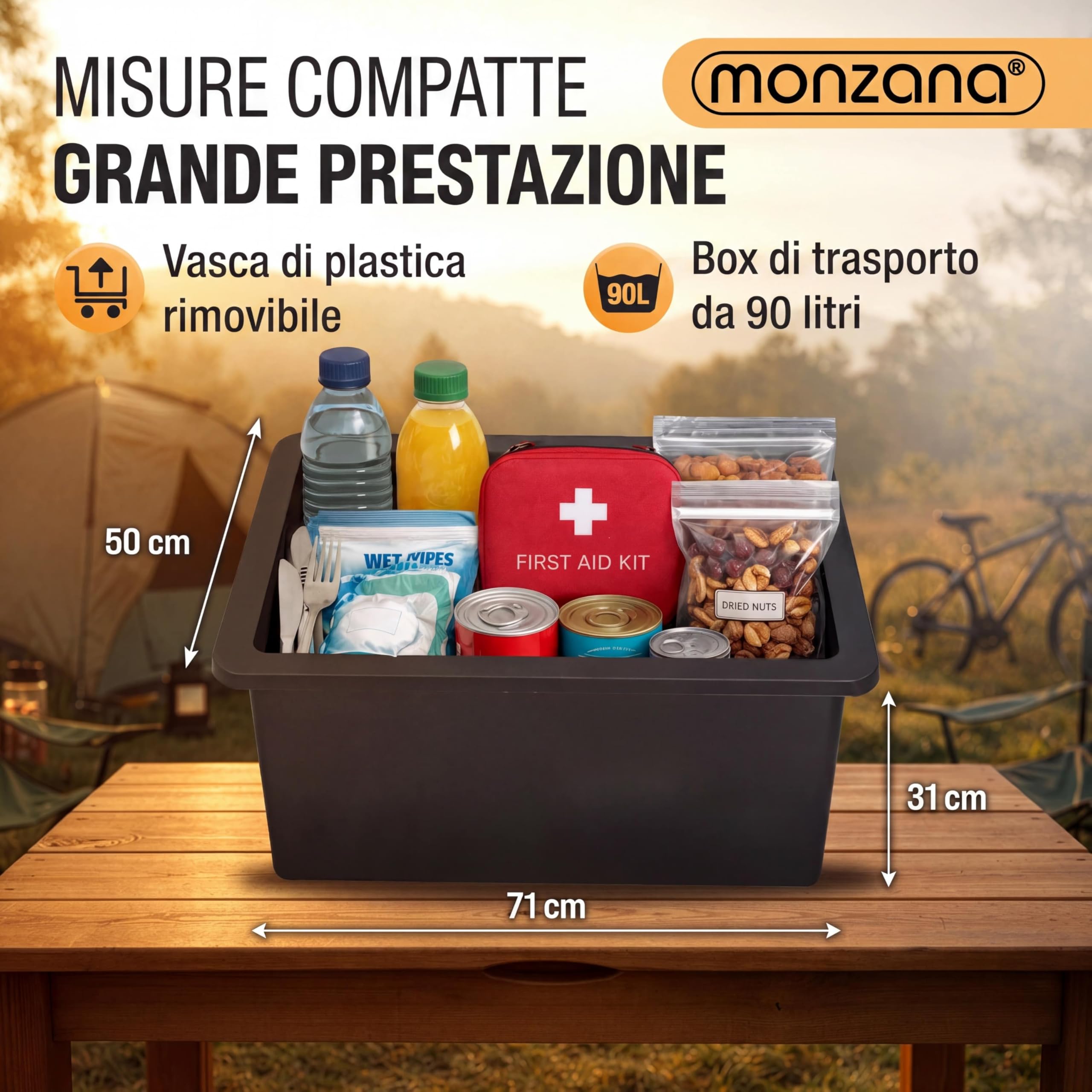 MONZANA® Rimorchio per Biciclette con Cassone in Plastica da 90L Gancio da Carico Carrello Trasporto Viaggi Bici Portaoggetti