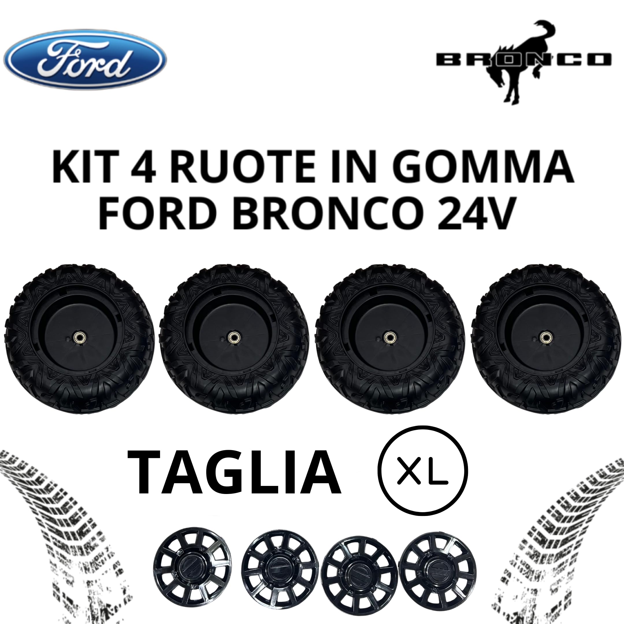 Kit 4 Ruote in Gomma EVA XL con Copriruota per Auto Elettrica per Bambini Ford Bronco 24V – Ruote Antiscivolo Silenziose, Maggiore Aderenza e Comfort di Guida