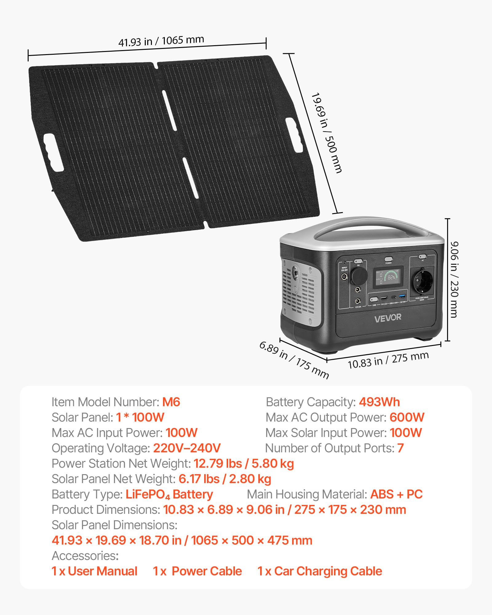 VEVOR Station Électrique Portable 600 W Générateur Solaire Portable Panneau Solaire 100 W Batterie Secours LiFePO4 493 Wh pour Urgence Domestique, Camping, Voyage Camping-car, avec 7 Ports de Sortie