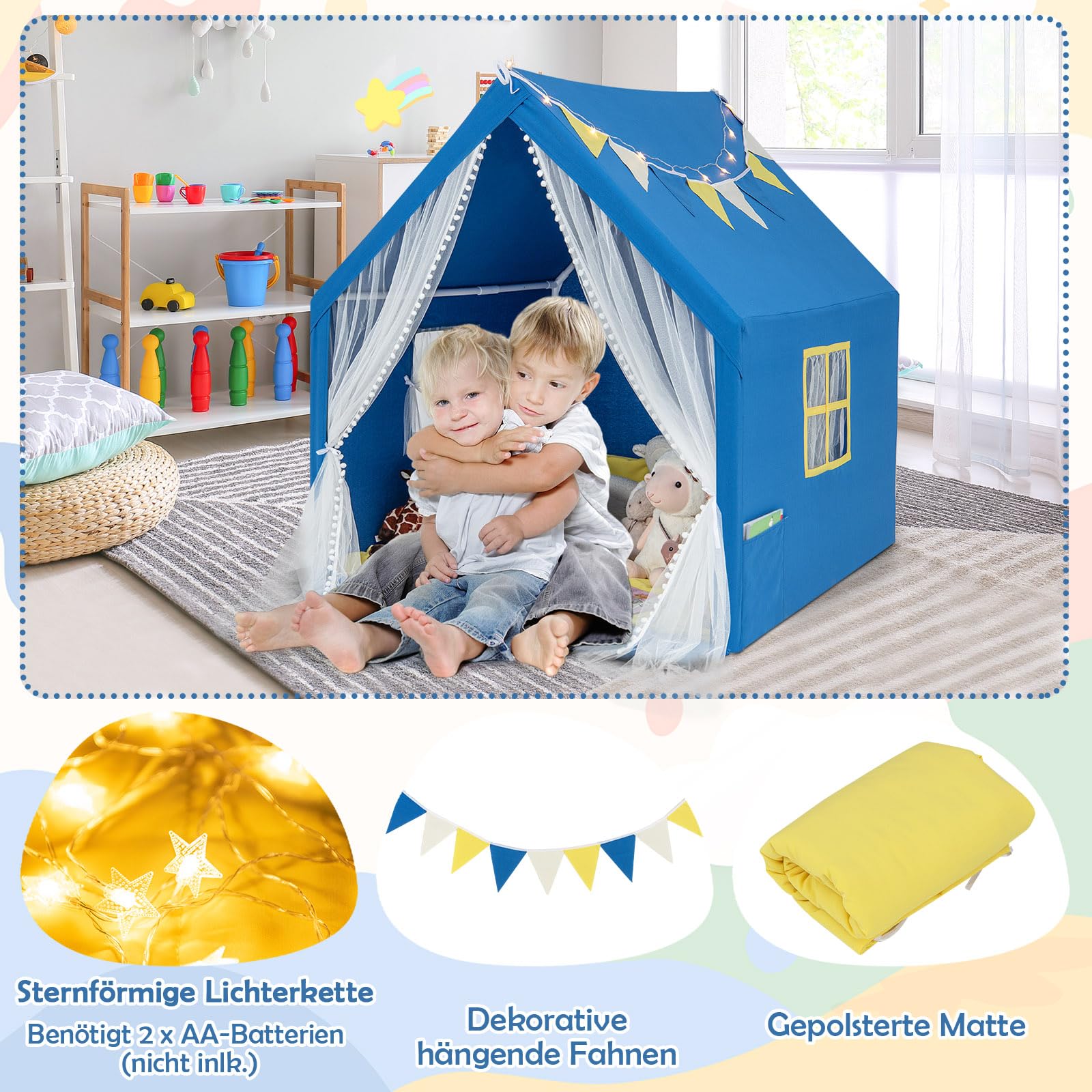 DREAMADE Kinderzelt für Drinnen mit Matte und Lichtern und Flaggenbanner, Kinder Spielhaus Indoor mit Vorhang & Fenstern, Tipi Zelt, Spielzelt für Jungen und Mädchen 121 x 105 x 125 cm (Blau)