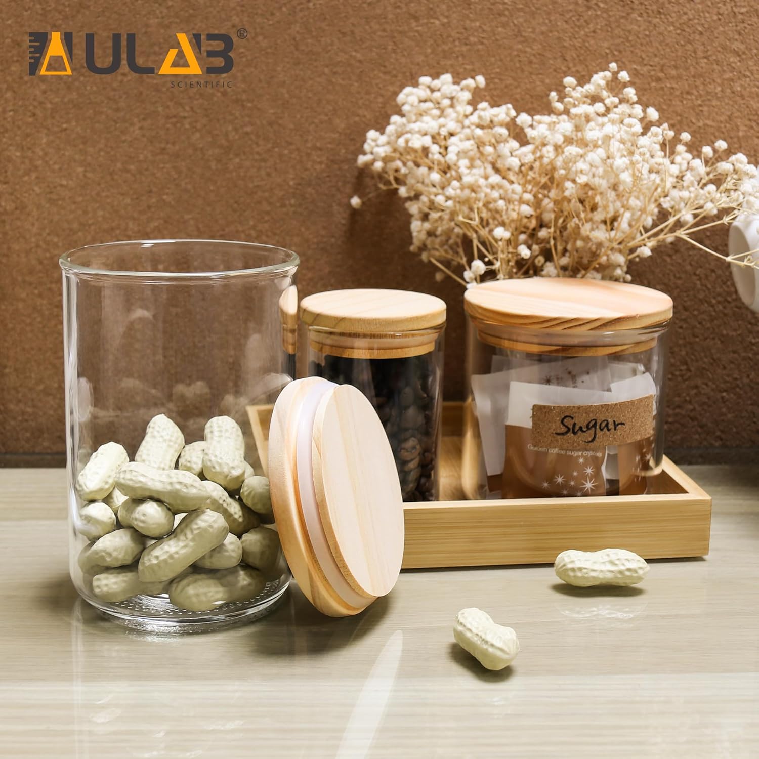 ULAB 3.5mm Thick Glass Food Container Set with Lid, 5 Pack Multi Size Clear Storage Jar, Glass Airtight Canisters set for Cookie, Candy, Coffee Beans, USJ1008