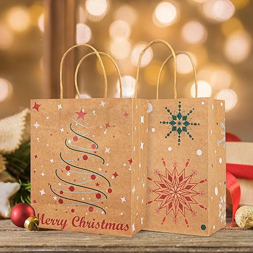 Miniatura 7 de 24 bolsas de regalo de papel kraft de Navidad de 7 x 8.6 x 3 pulgadas con 24 papeles de seda para intercambio de Navidad, bolsas de papel para