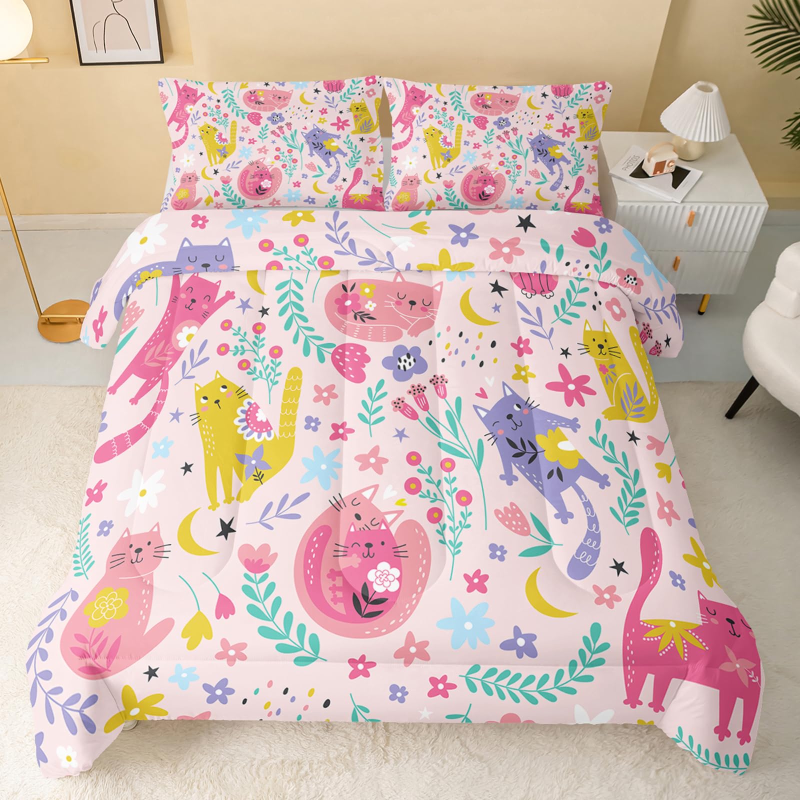 QOOMO Floral Cat Comforter Twin Size,Pink Cat Comforter Set for Kids Teens Girls,3Pcs Bedding Set Printed Comforter with 2 Pillowcases,Down Alternative,Soft and Lightweight(Pink?Twin Size)