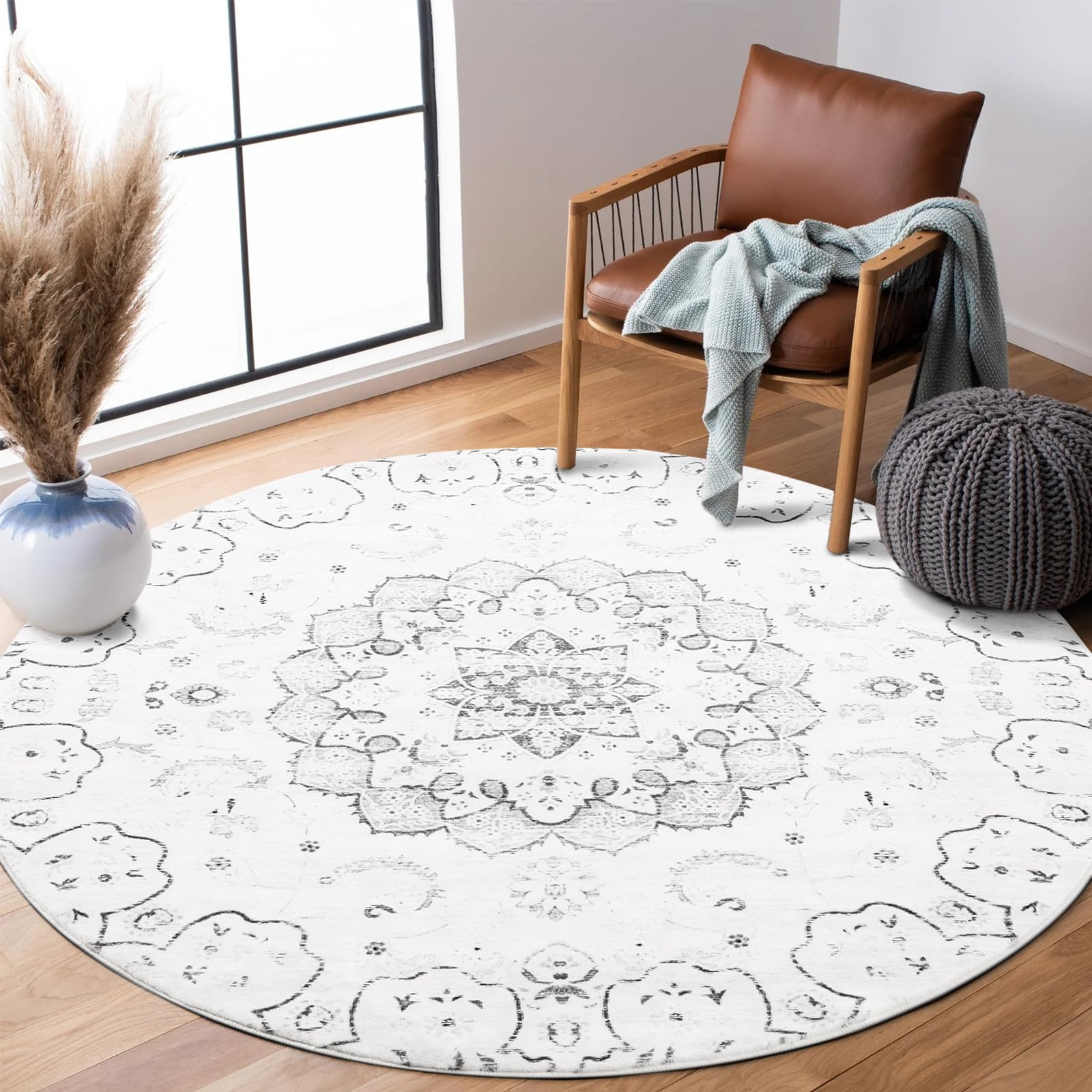 Carvapet Alfombras Redondas 120cm Microfibra Suave Alfombra Círculo Salón Dormitorio Antideslizante Lavable Estampados Florales Alfombras de área(Gris)