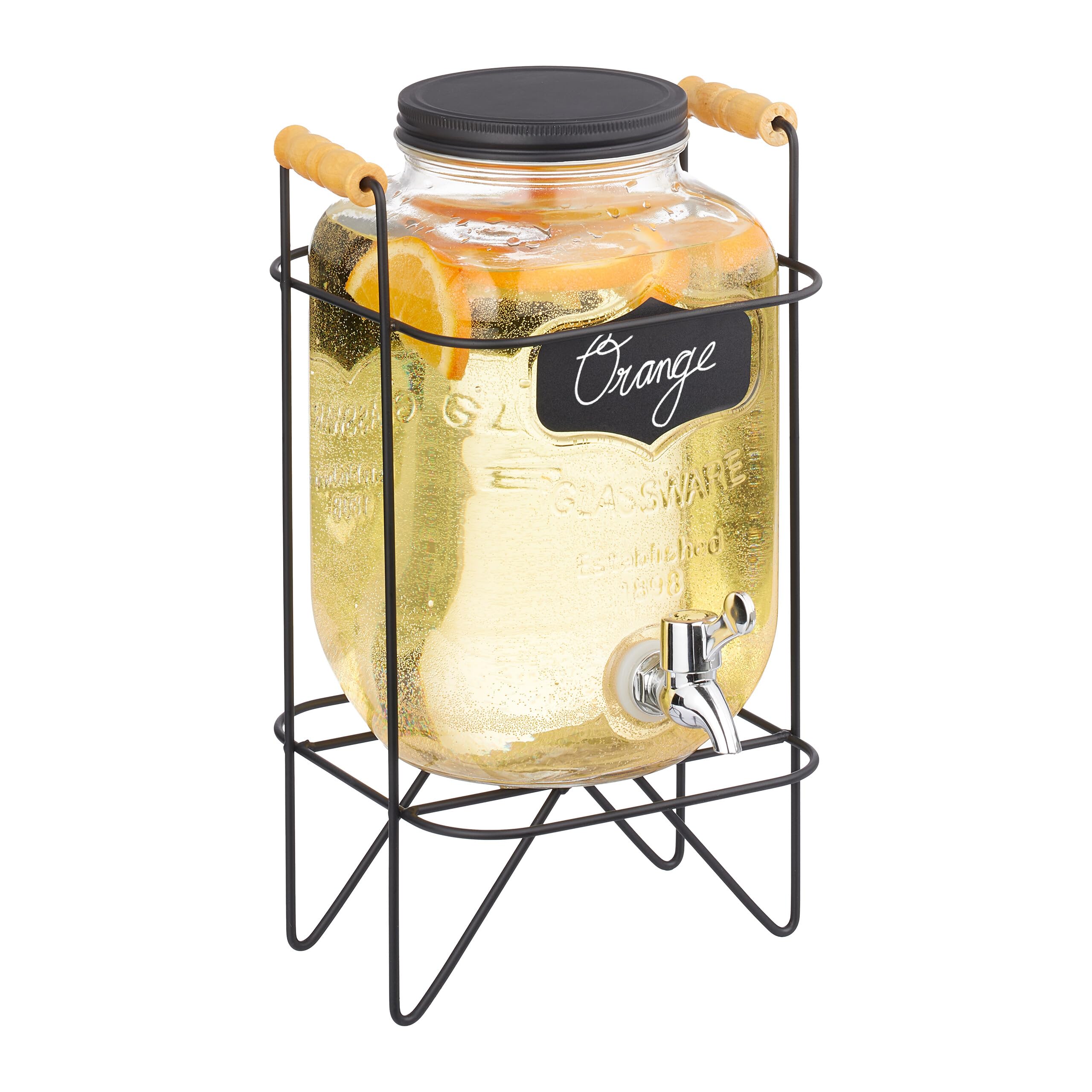 Relaxdays Dispensador Bebidas con Soporte, Recipiente Limonada 4 L, Grifo de Hierro y Tapa, Cristal, Transparente/Negro