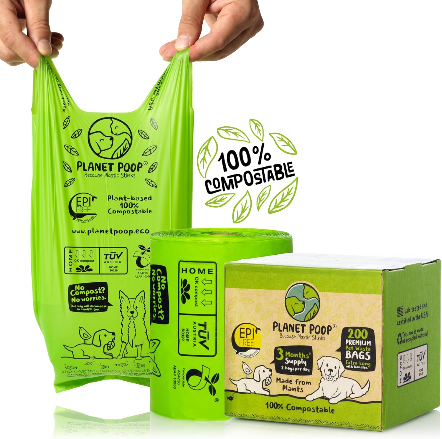 PLANET POOP Home Compostable Dog Poop Bags Extra Long with Handles | Large Single Roll 200 Count Grab & Go | Un-scented Waste Bag | Leakproof Doggy & Cat Bags | Plant-Based Pet Supplies