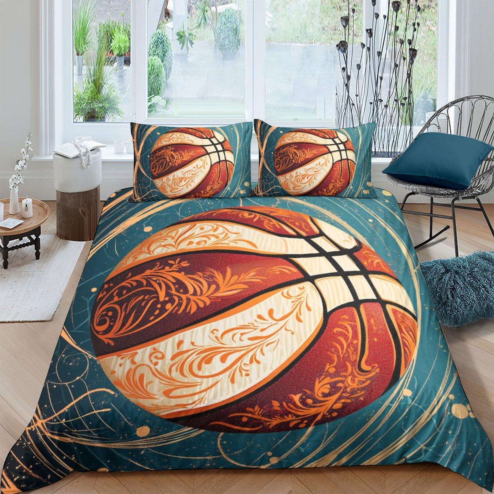 Ctjqhvkz Style-6 3D Printed Basketball Art Fitted Sheet Microfiber Orange Teal Bed Cover For Bedroom Dorm Mattress Decor Single（135X200cm）