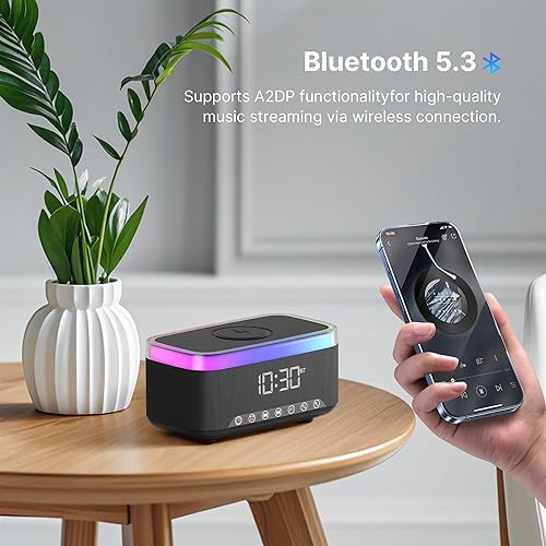 Miniatura 8 de S300 Altavoz Bluetooth portátil con carga inalámbrica rápida de 15 W, máquina de sonido de ruido blanco, reloj despertador digital, radio FM, luz