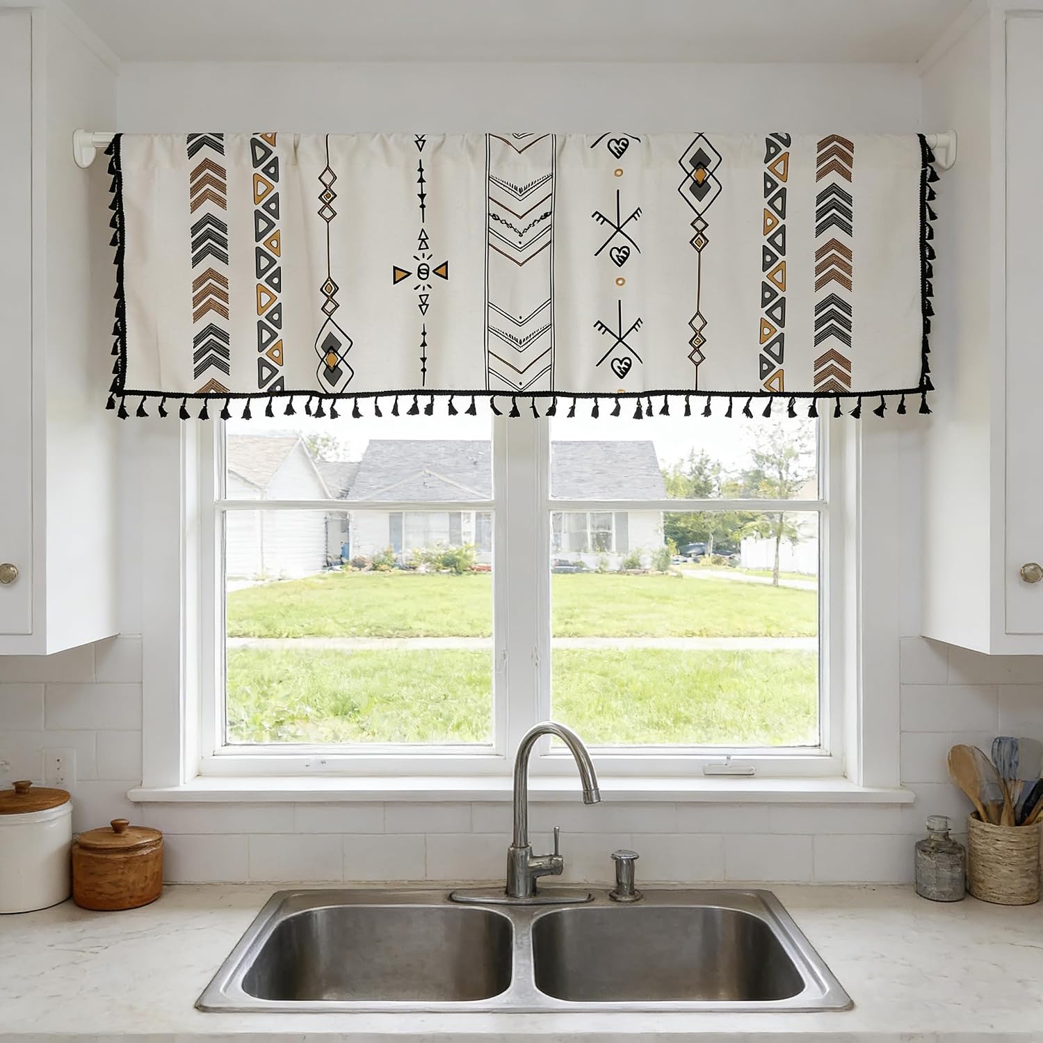 Coral Fish Boho Kitchen Window Valance Geometric Window Treatment Tiers for Bathroom with Black Ethnic Patterns & Fringe Macrame, Rod Pocket Small Curtain for Light-Filtering, 59" W x 20" L, 1 Panel