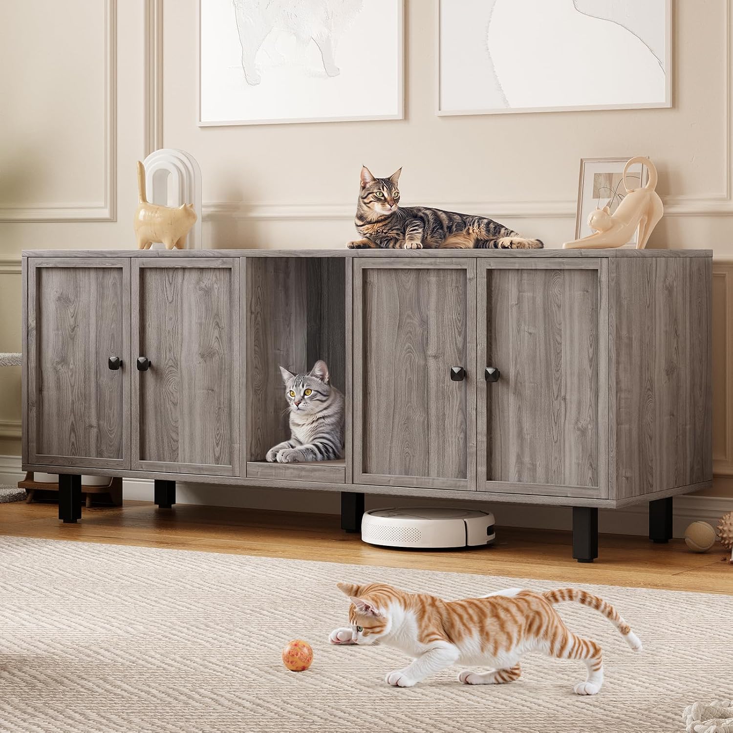 ONBRILL 59 Inches Cat Litter Box Enclosure for 2 Cats, Hidden Litter Boxes Furniture with Cat Scratch Pad, Large Indoor Pet House with Double Room, Wooden TV Stand Side Table, Grey