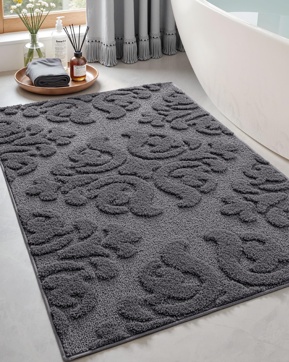 DEXI Bathroom Rug 24x36, Non Slip Washable Bath Mat for Shower Floor, Absorbent Soft Bathmat with Rubber Backing, Plush Fluffy Microfiber Floral Retro