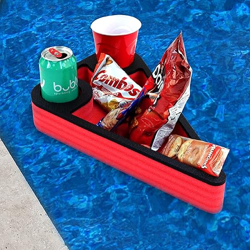 Polar Whale Soporte flotante para bebidas rojo y negro, bandeja de mesa de refrigerio para piscina o playa, fiesta, flotador, sala de estar, espuma