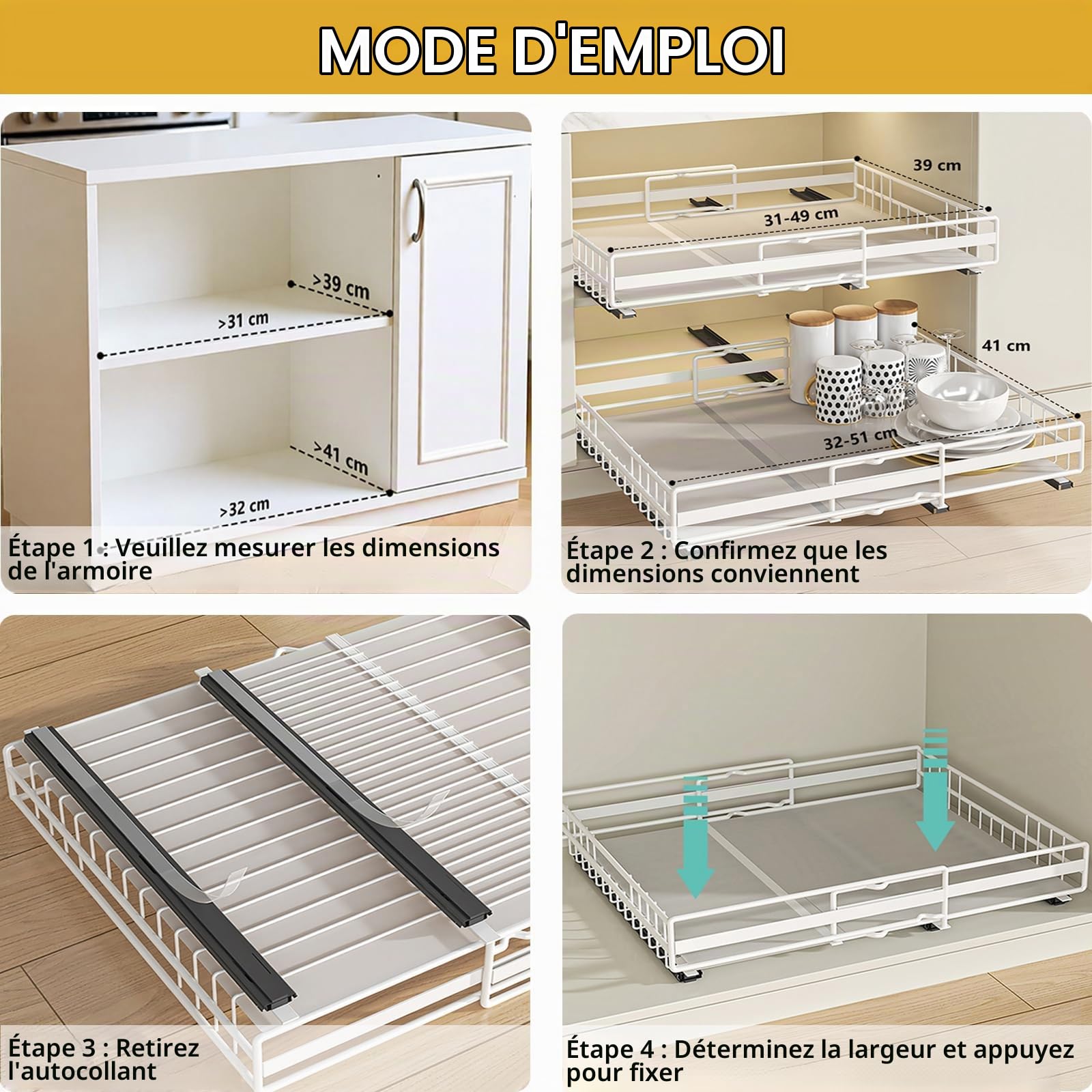 Lot de 2 Organiseurs Tiroirs Coulissants Cuisine Avec Adhésif | Largeur Réglables Extensibles à 3 Rails Coulissants Organisateurs Placard Extensibles, Autocollants/Forage (Blanc) (M+L-Set)