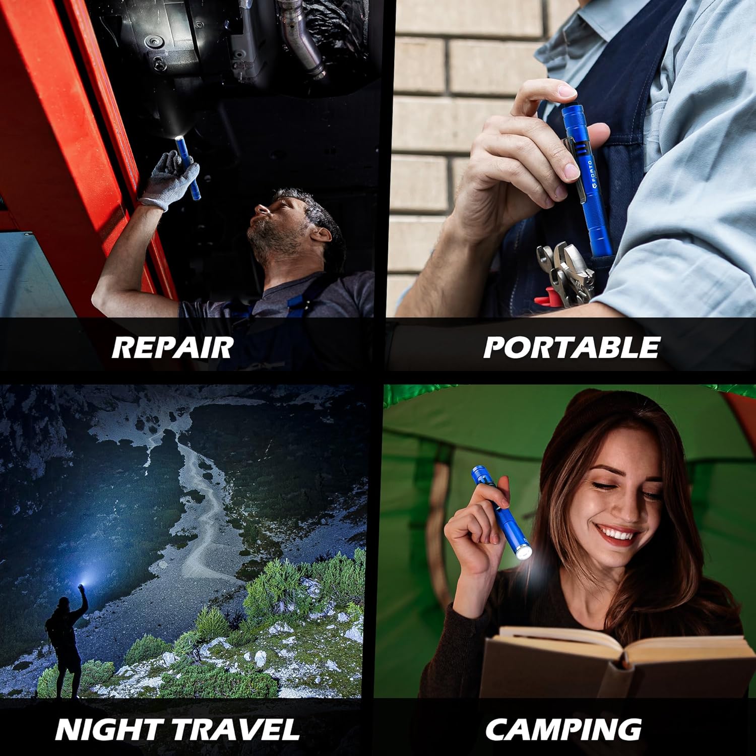 FORTO LED Pen Light, 200 Lumens Pocket Flashlight, IP67 Waterproof, 2 Modes, 2 Pack with AAA Batteries, Lightweight & Durable for Inspection, Medical Use, Emergency(Blue)