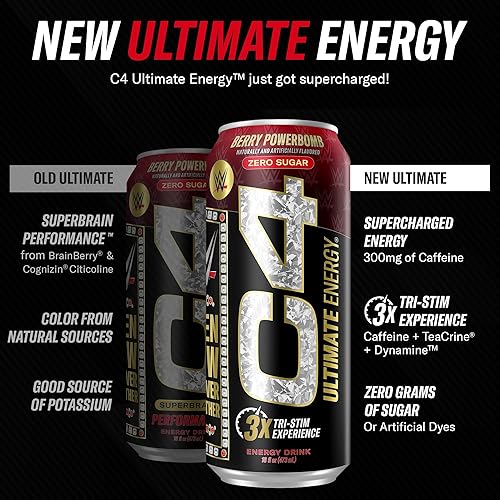 Miniatura 2 de C4 Ultimate x WWE - Bebida energética sin azúcar de cafeína de 300 mg  Berry Powerbomb Bebida de rendimiento preentrenamiento  16 onzas (paquete de