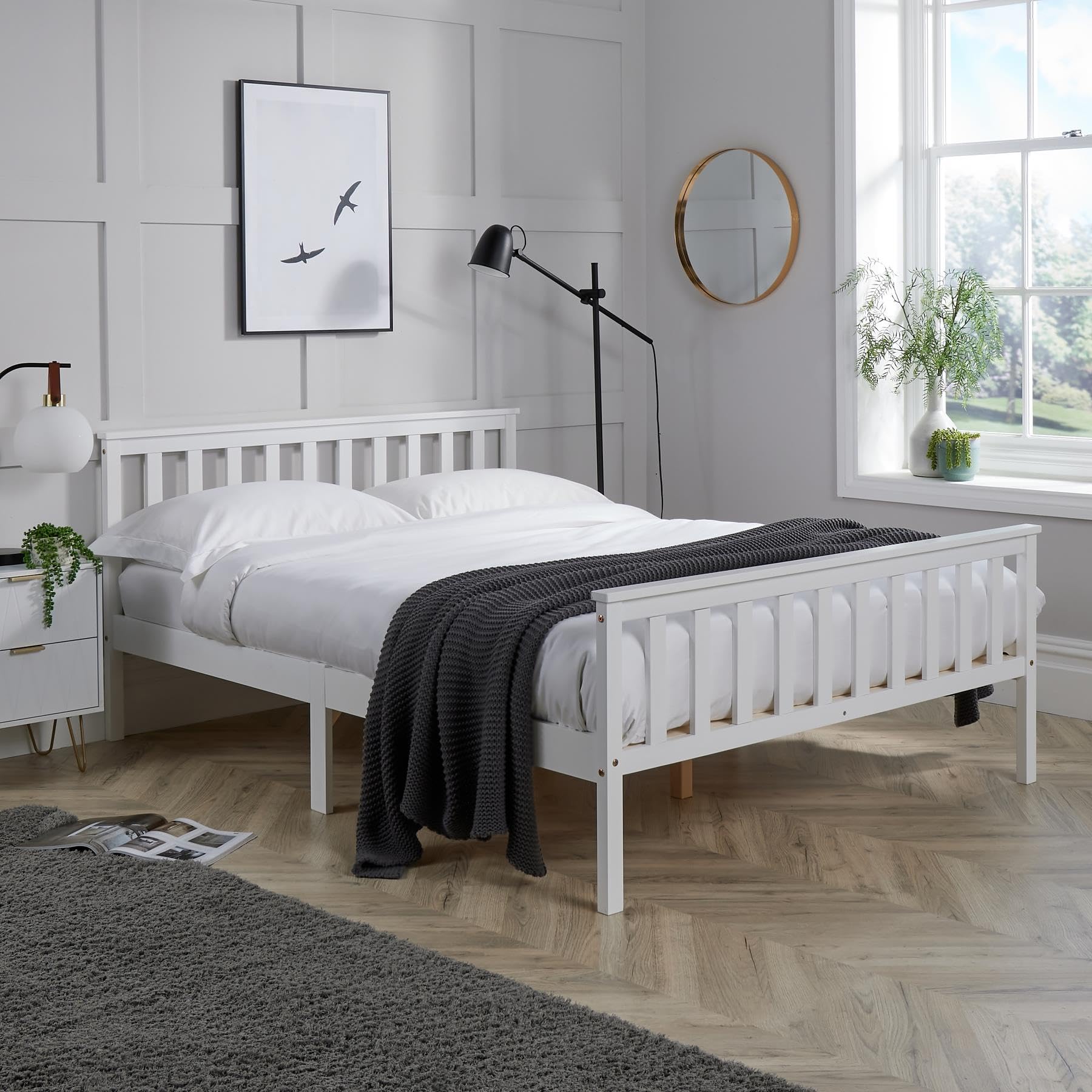 Home Source White Florida Solid Wood Shaker Bed Frame, Natural Wood, 4Ft 6In Double