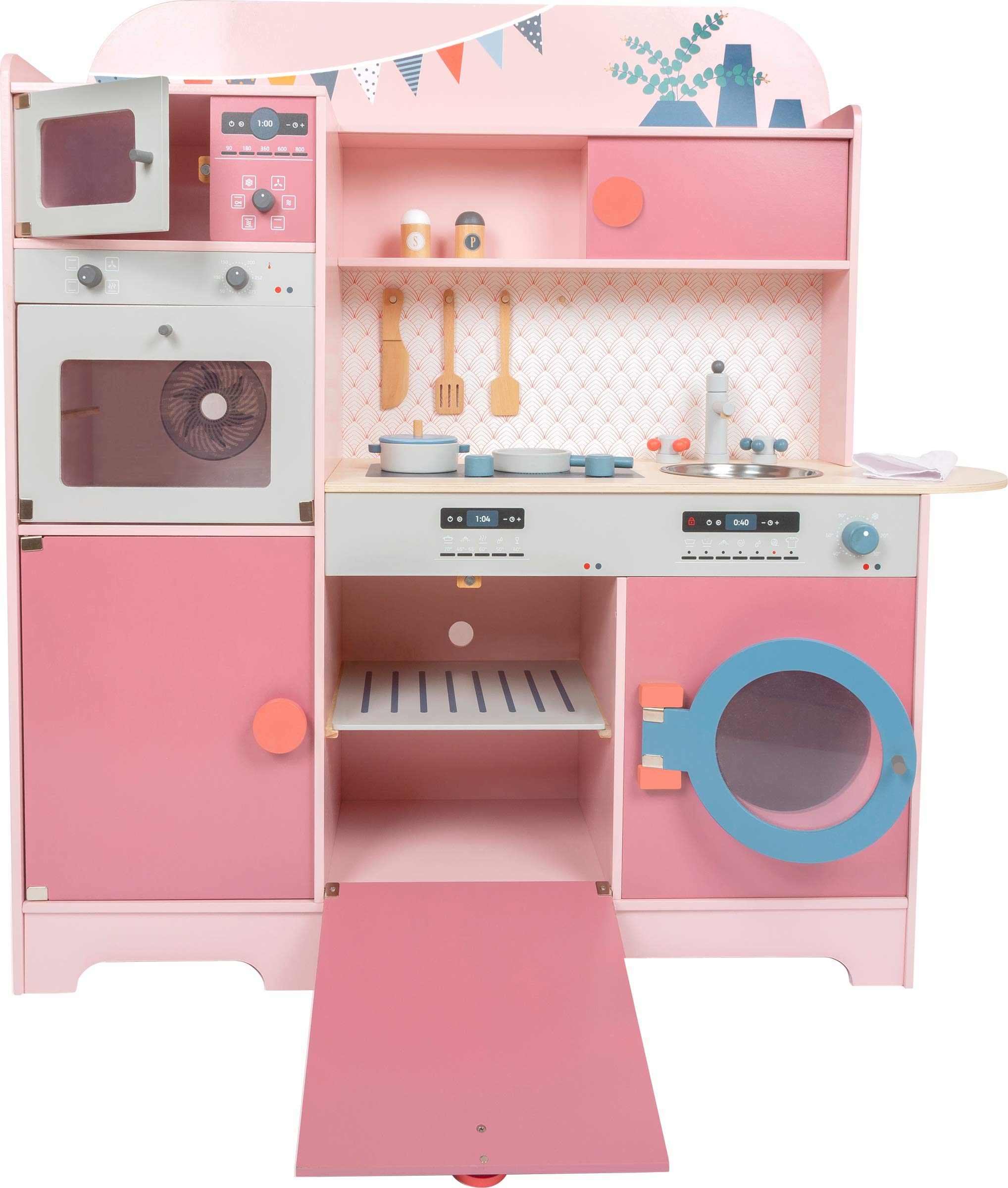 small foot Kinderküche "Rosa Gourmet" aus Holz, Multifunktionsküche in Rosatönen, mit viel Zubehör, ab 3 Jahren, 11465
