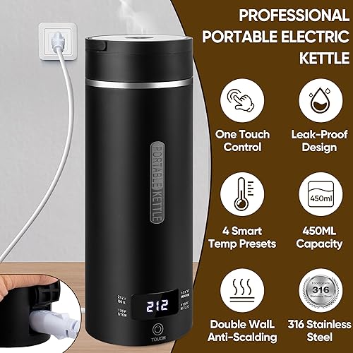 Miniatura 2 de Hervidor eléctrico portátil de viaje, calentador de café y té hervido con agua caliente, 15.2 fl oz, acero inoxidable 316, 4 preajustes de