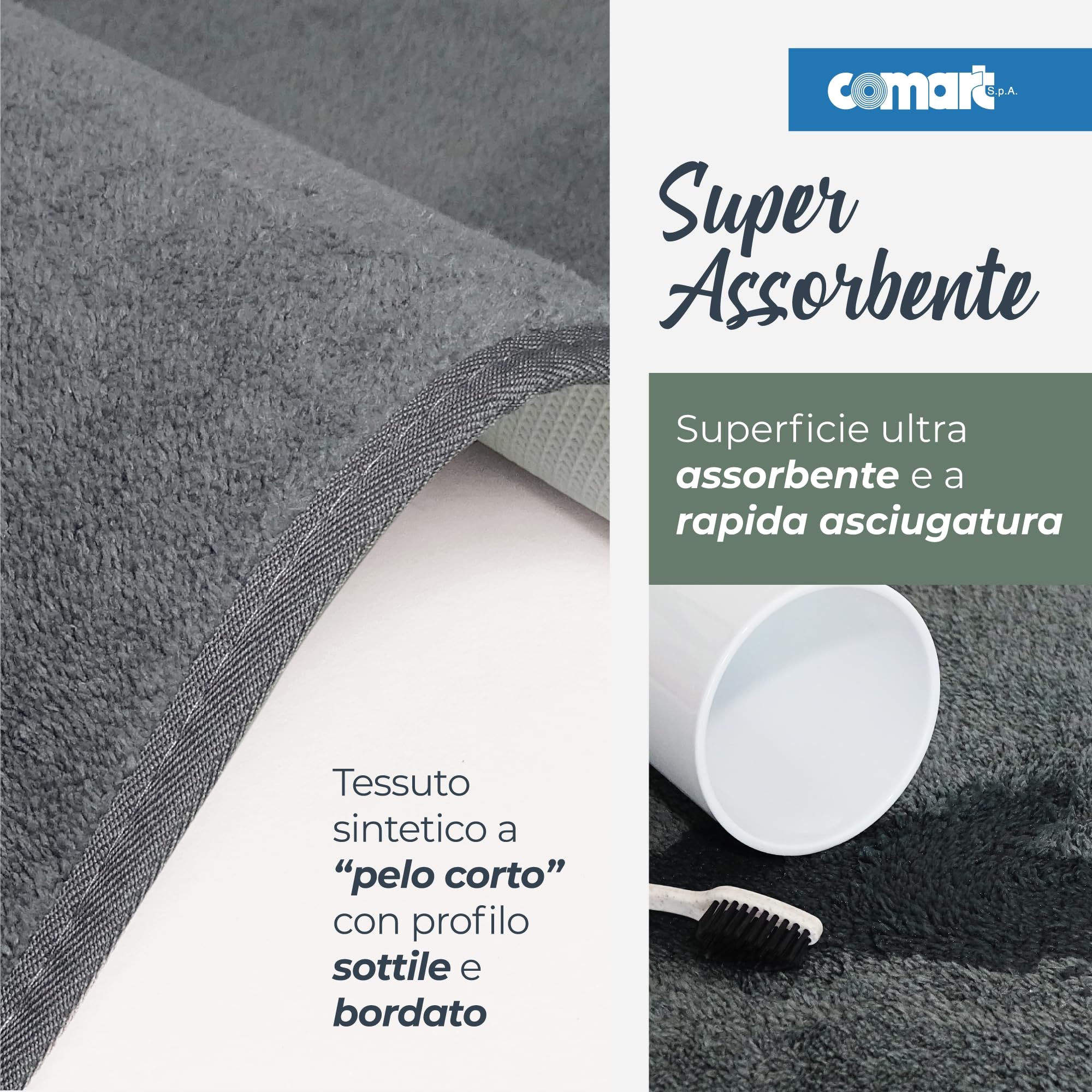 Comart - Set Tappeti Bagno Tahiti - Tris Tappetini Assorbenti: 1 Rettangolare 45x75 cm + 2 Giro Water 45x37.5 cm - Asciugatura Rapida - Salvaspazio - Antiscivolo - Lavabile in Lavatrice - Grigio