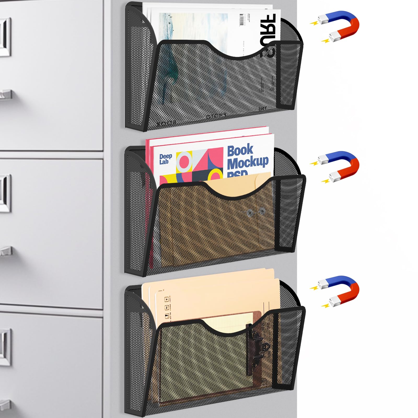 magnetic organizer bins on metal file cabinet